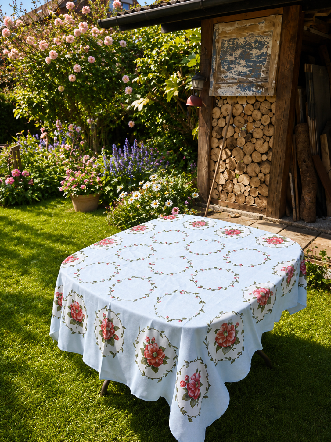 Baby Blue Tablecloth with Red Flower Print