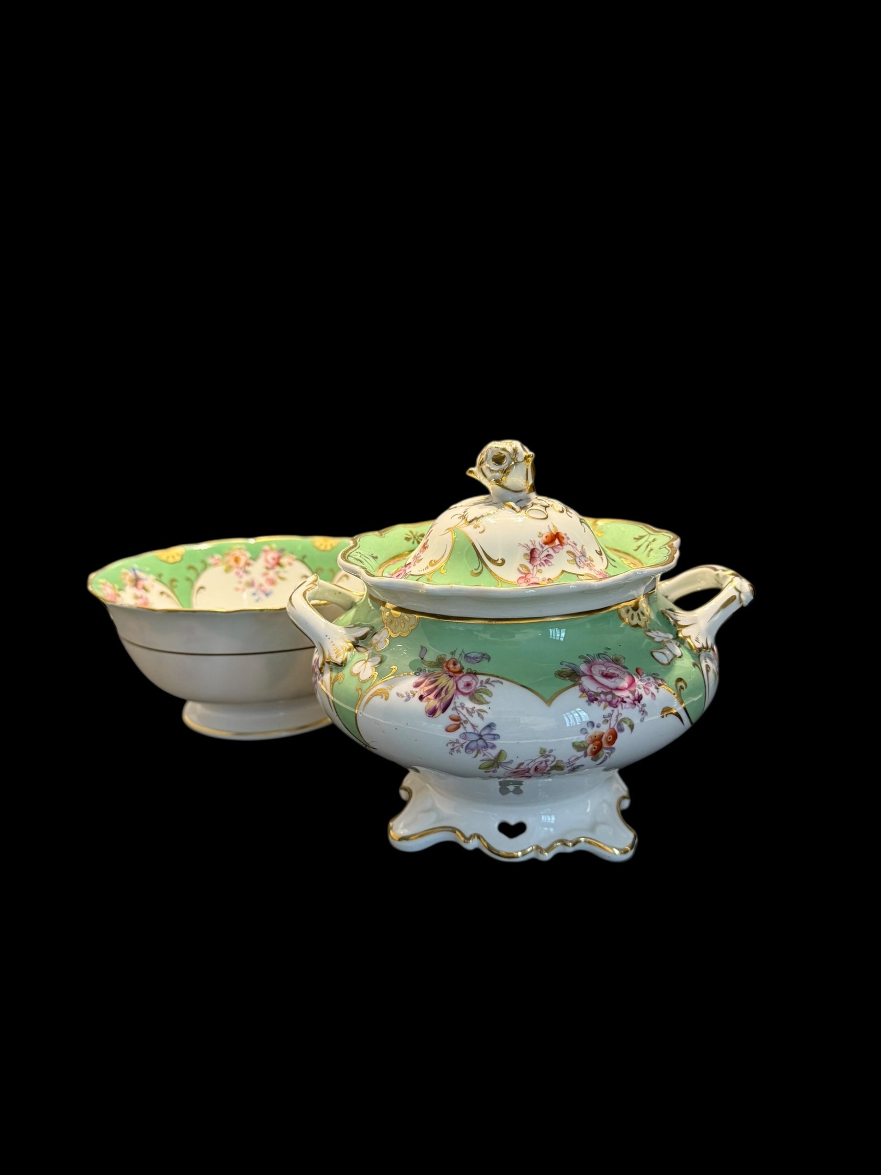 Antique Rockingham. GREEN. Lidded Sucriere & Bowl image 9