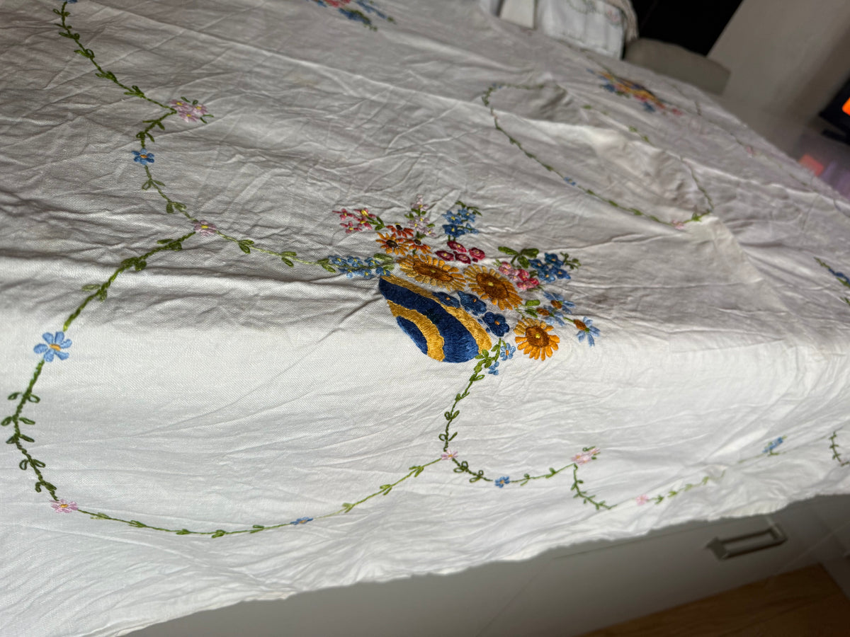 Vintage Tablecloth. Hand Embroidered. Large