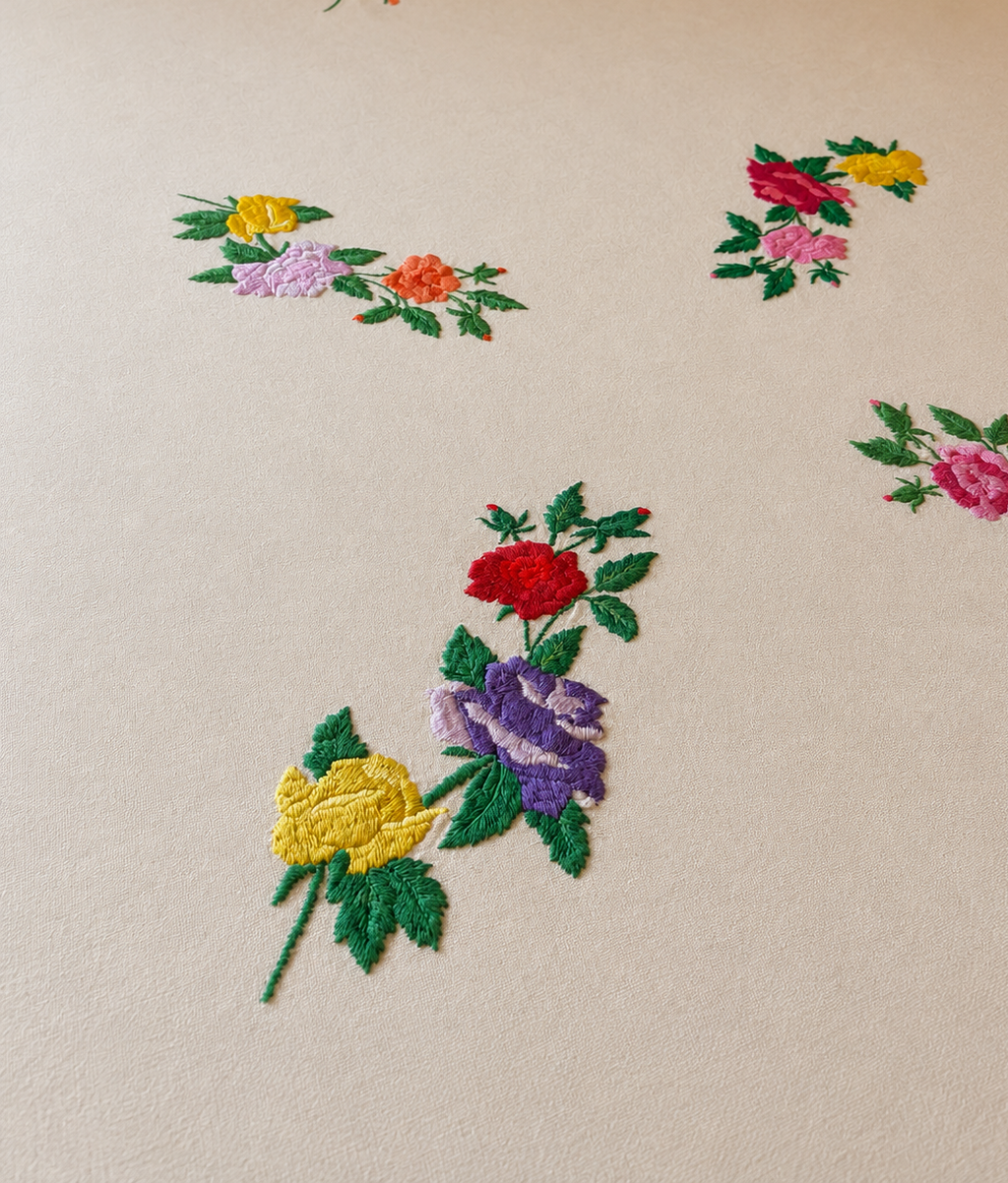 Vintage Floral Hand Embroidered Cotton Table Cloth with Grey Border