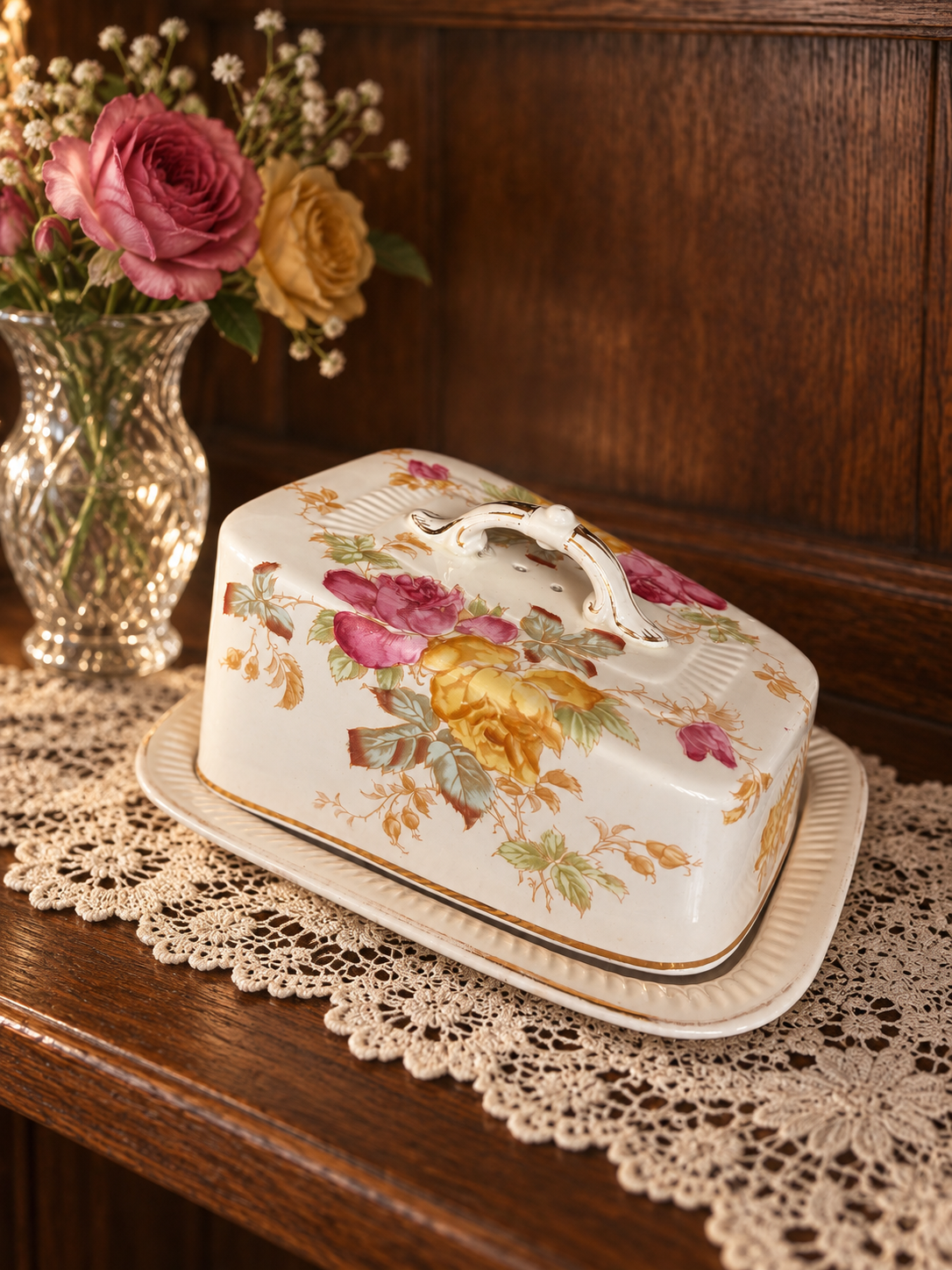 Antique Burton Floral Cheese Dish