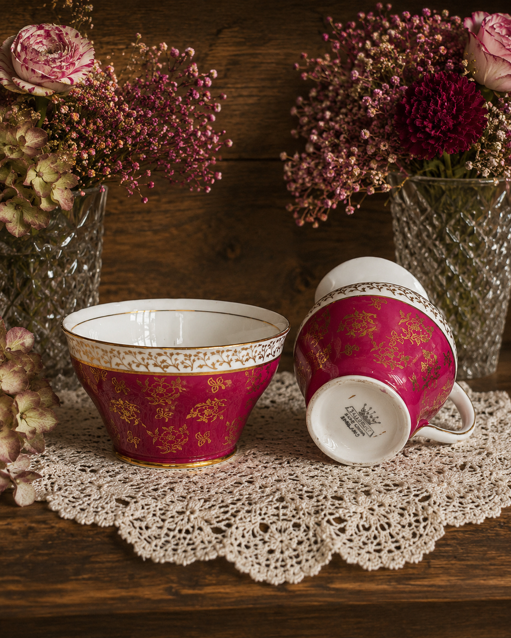 Salisbury Dark Pink & Gold Milk Jug & Sugar Bowl