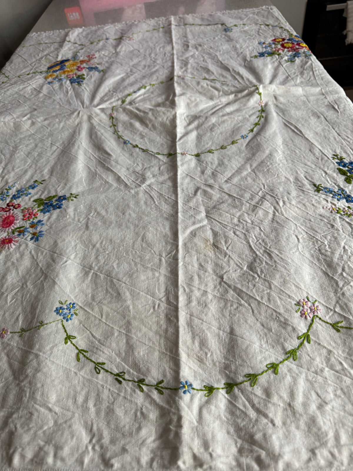 Vintage Tablecloth. Hand Embroidered. Large