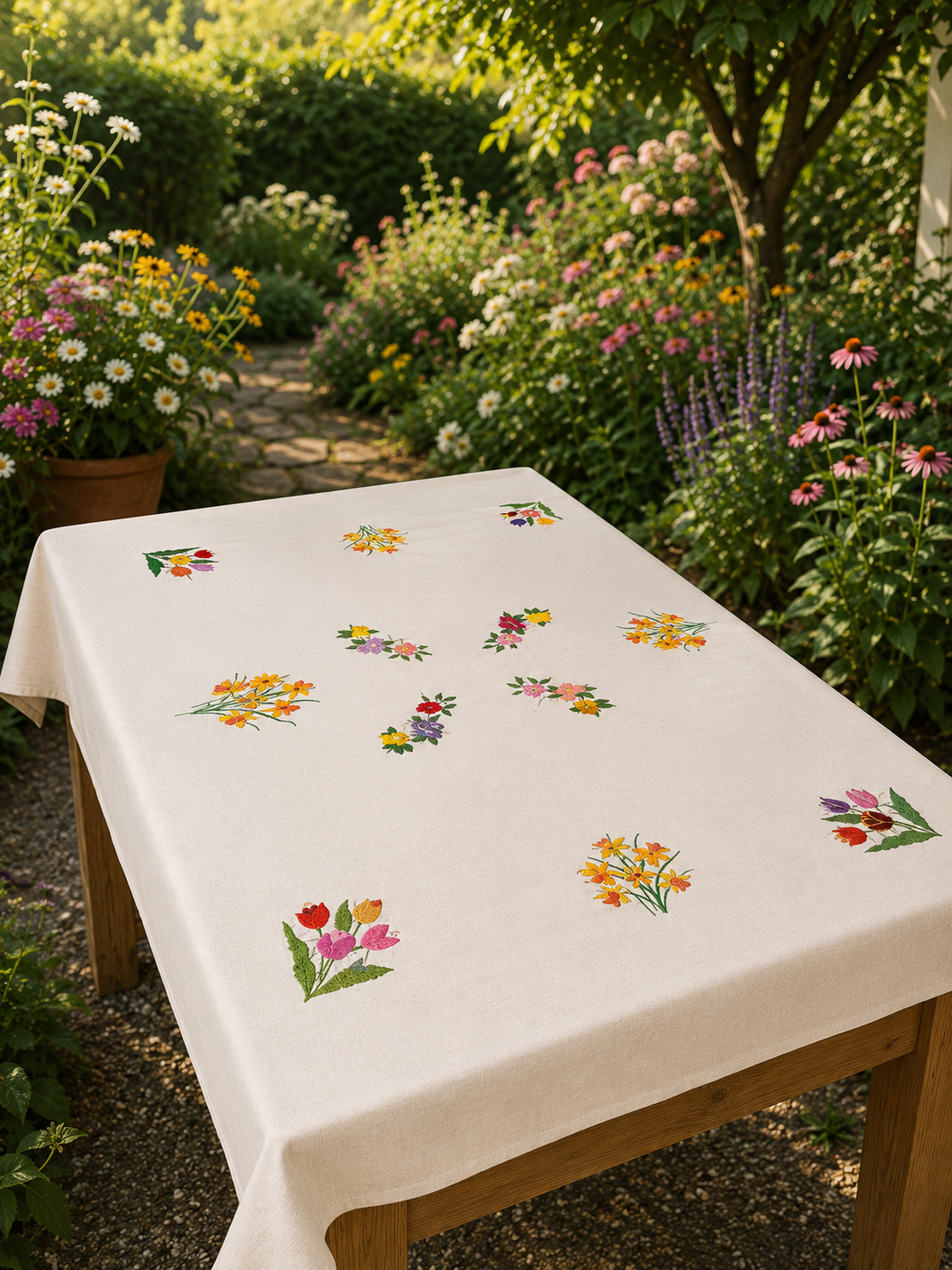 Vintage Floral Hand Embroidered Cotton Table Cloth with Grey Border