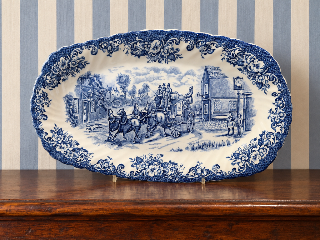 Johnson Brothers Coaching Scenes Blue & White Oval Platter