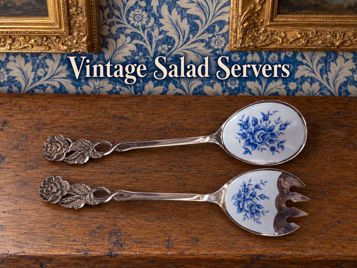 Pair Enamelled serving spoons
