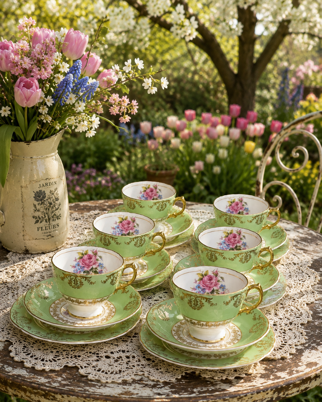 Vintage Argyle Green & Gold Rose Trio