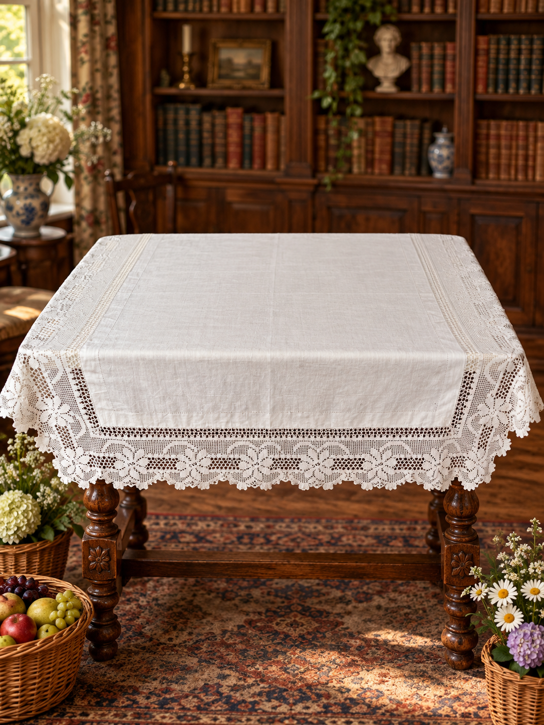 Vintage Cotton & Lace Tablecloth