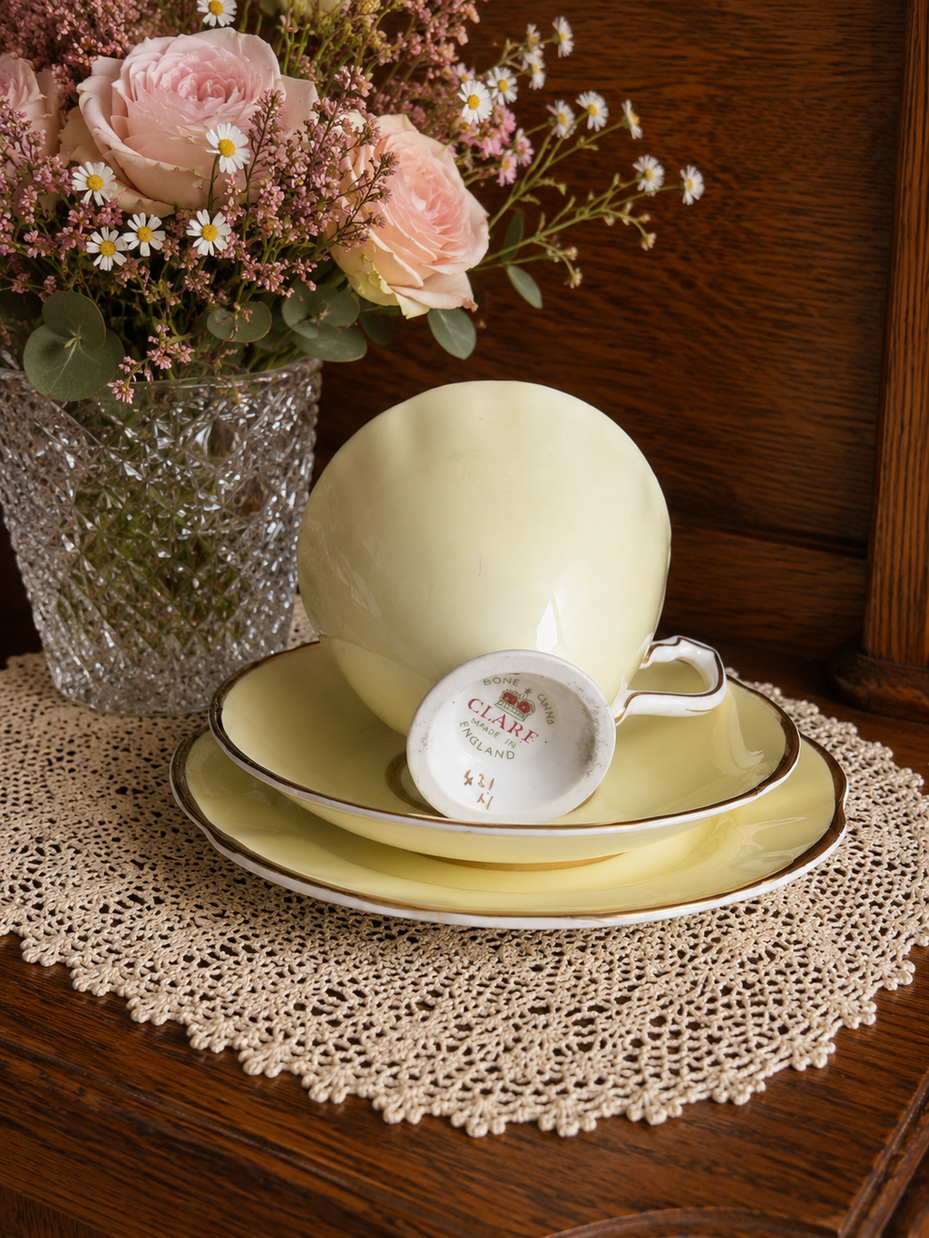 Clare Pastel Yellow Trio with Pink & White Flower Design