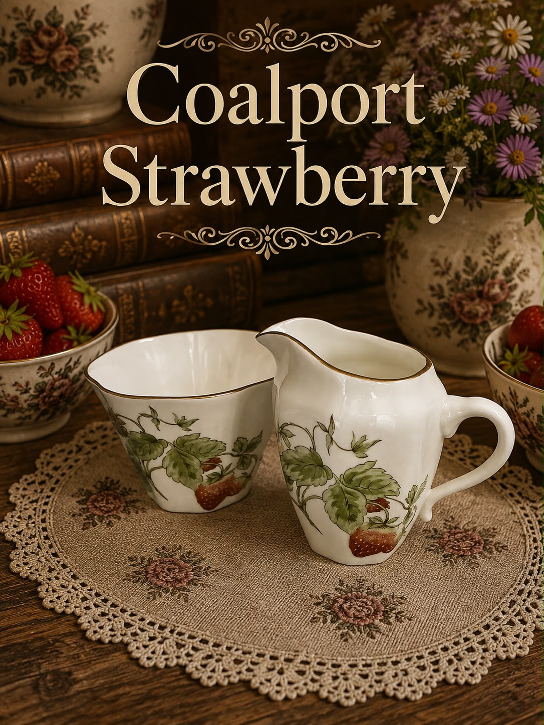 Coalport Strawberry Milk Jug & Sugar Bowl