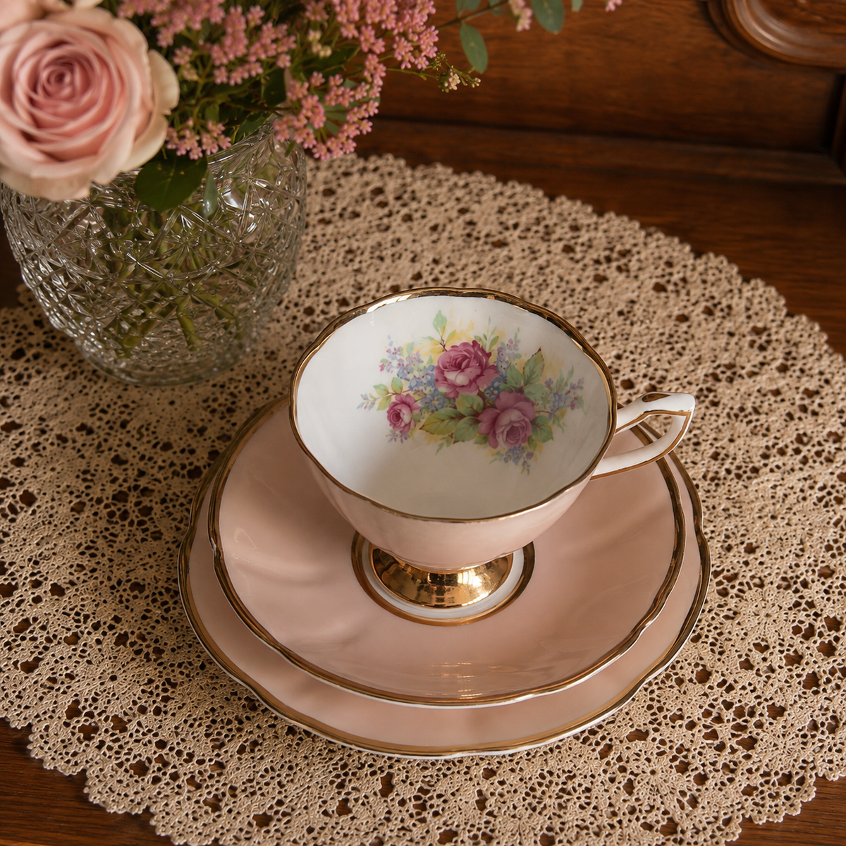 Clare Baby Pink Trio with Roses & Foliage Design