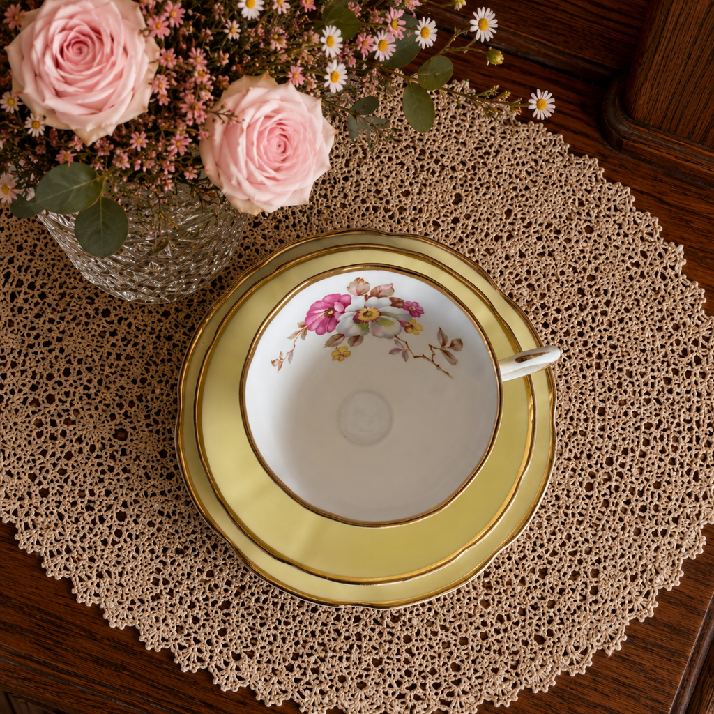 Clare Pastel Yellow Trio with Pink & White Flower Design