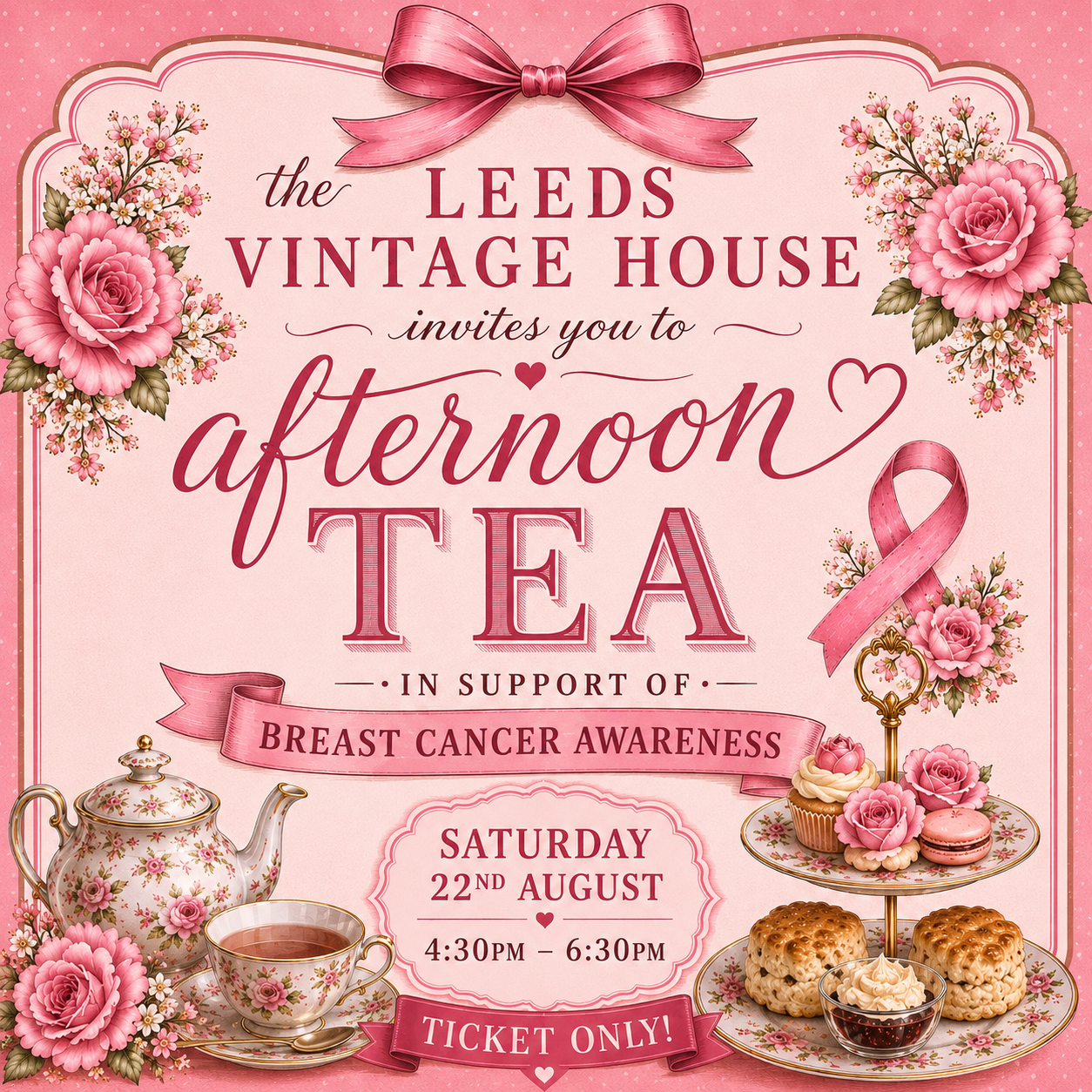 Breast Cancer Awareness Afternoon Tea Ticket - Saturday 22nd August at 4:30pm until 6:30pm