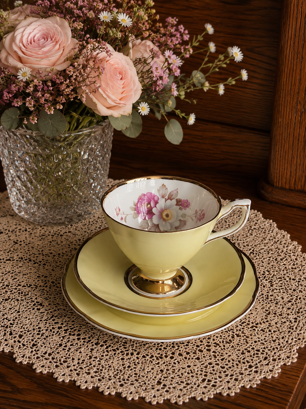 Clare Pastel Yellow Trio with Pink & White Flower Design