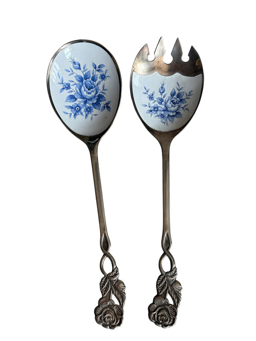 Blue & White Patterned Salad Servers