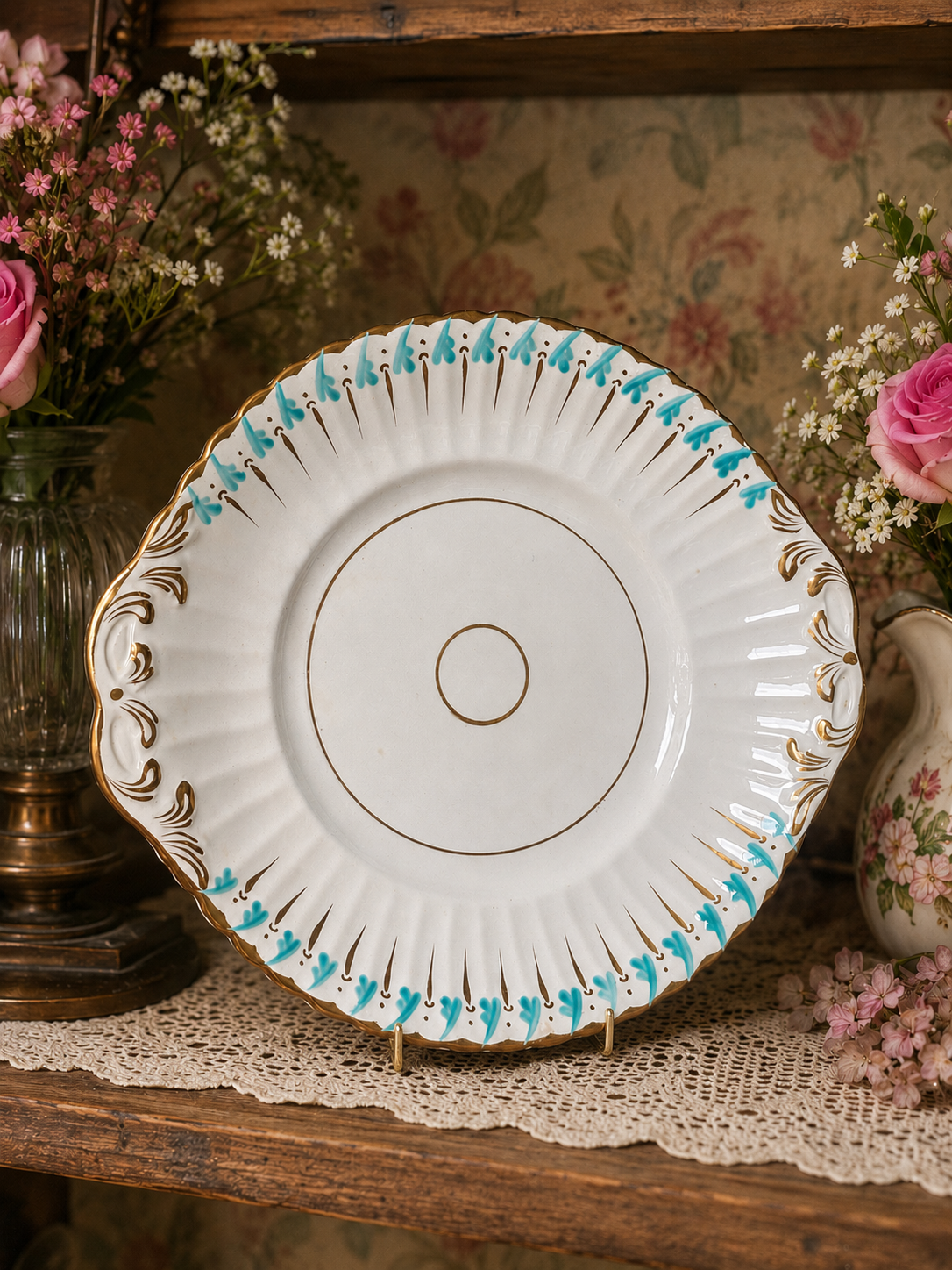 Adderley Turquoise&Gold Hand Painted Cake Plate