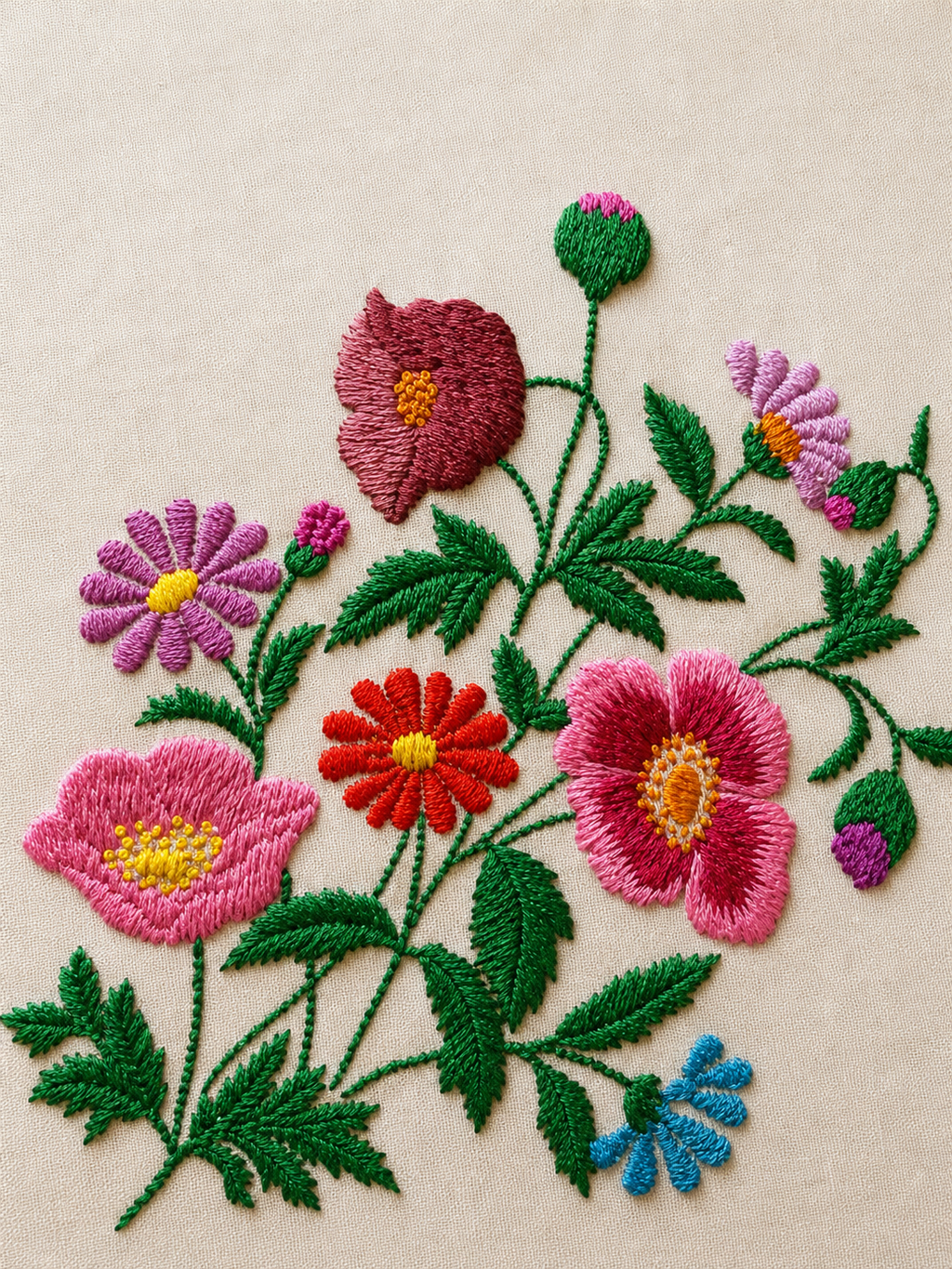 Vintage Cotton Hand-Embroidered Botanical Wildflower & Spring Flower Tablecloth