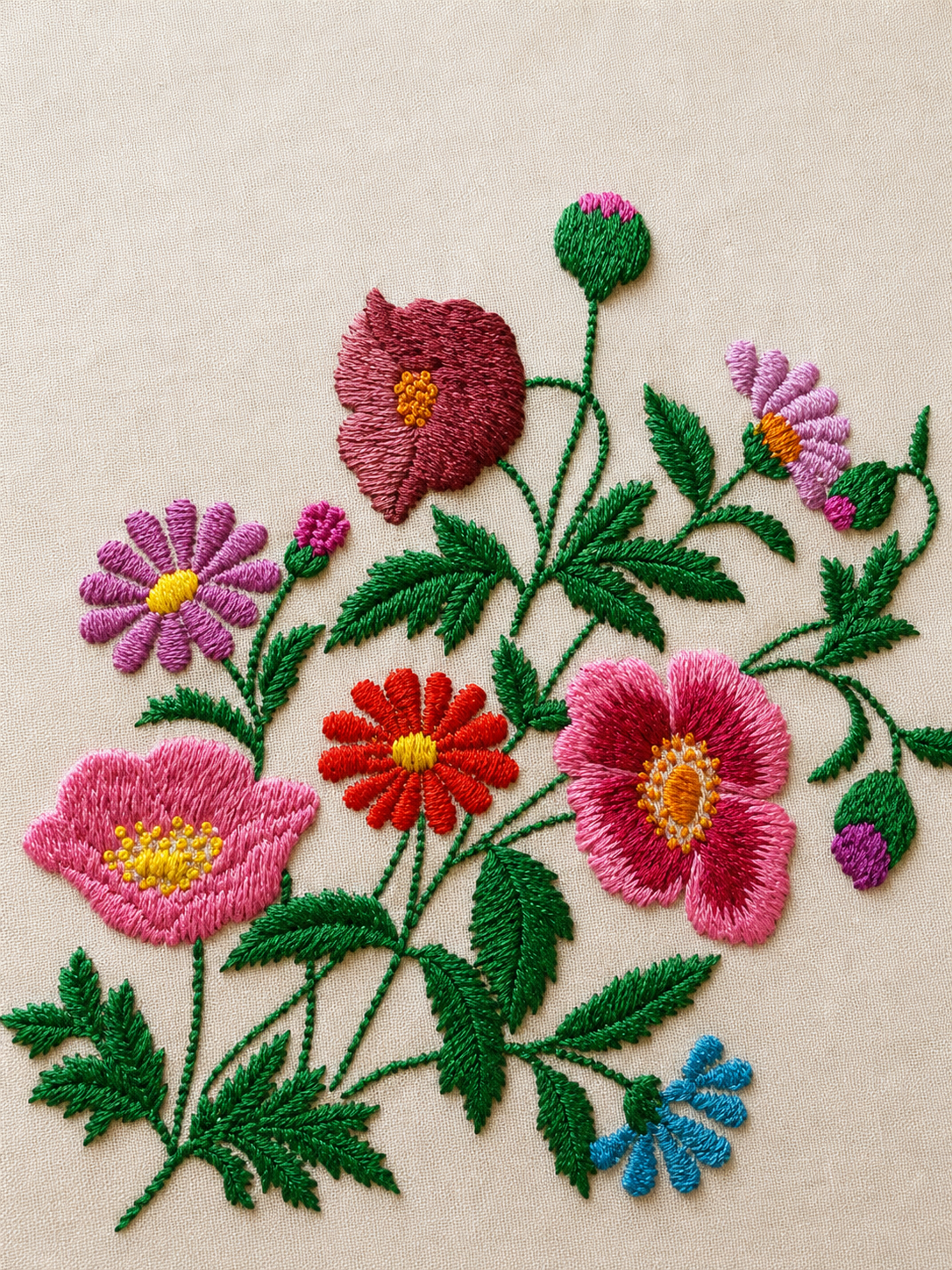 Vintage Cotton Hand-Embroidered Botanical Wildflower & Spring Flower Tablecloth