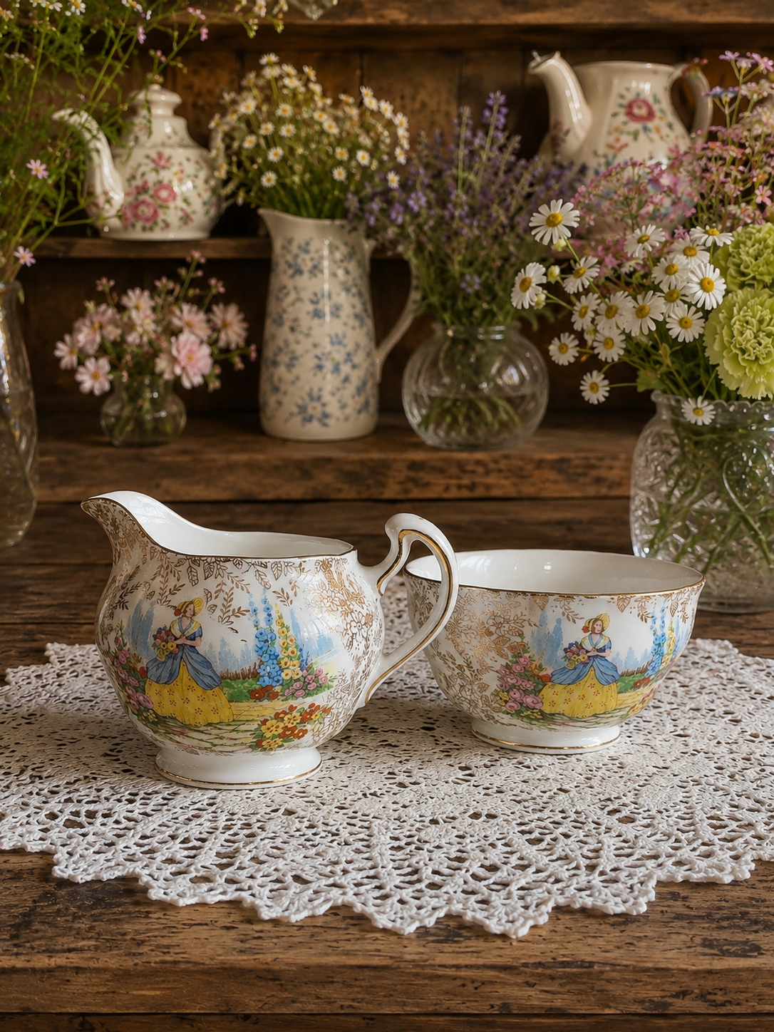 Colclough “Crinoline Lady" Milk Jug & Sugar Bowl