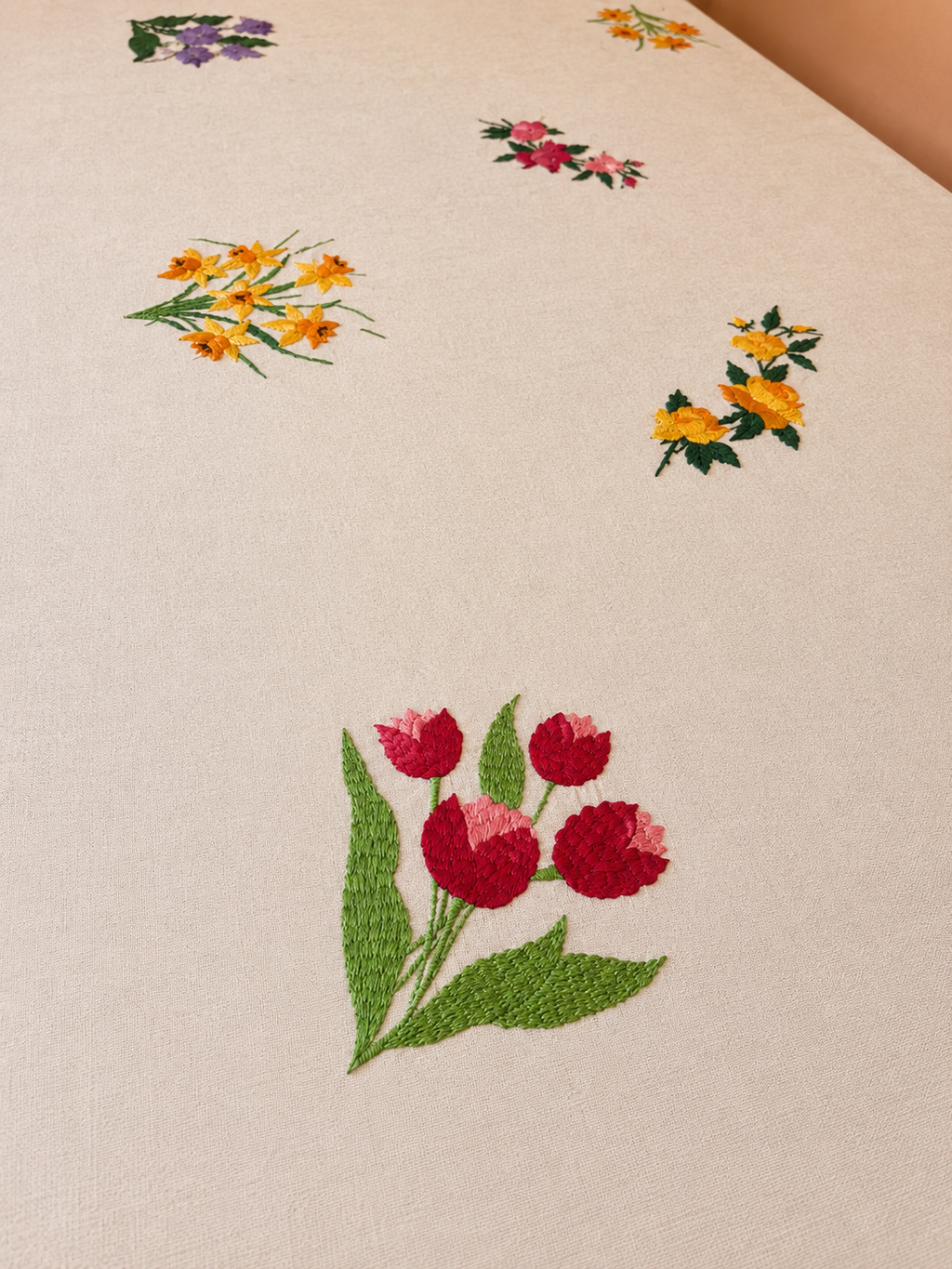 Vintage Spring Flowers Hand Embroidered Cotton Table Cloth