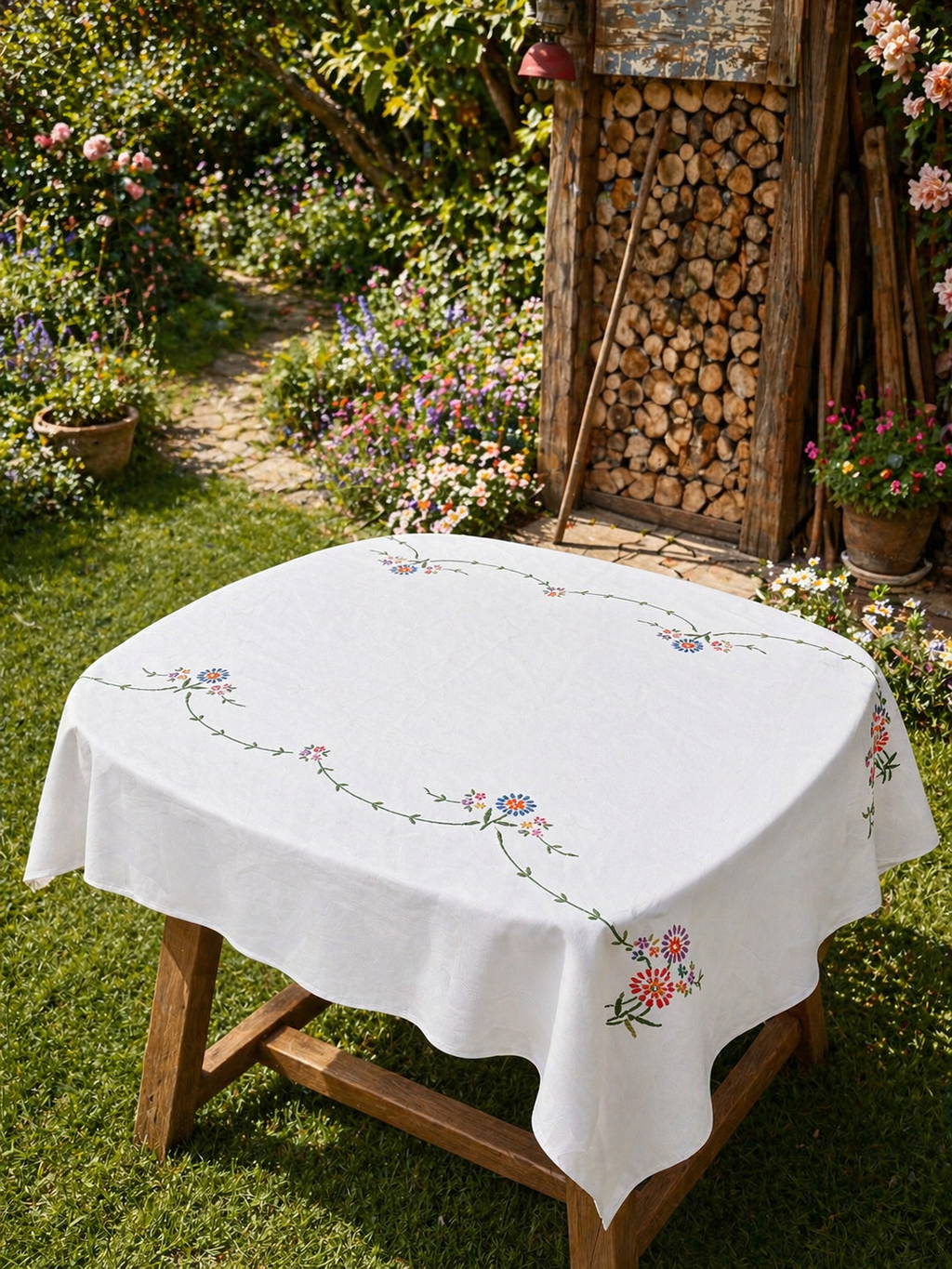 Vintage Hand Embroidered Large Table Cloth