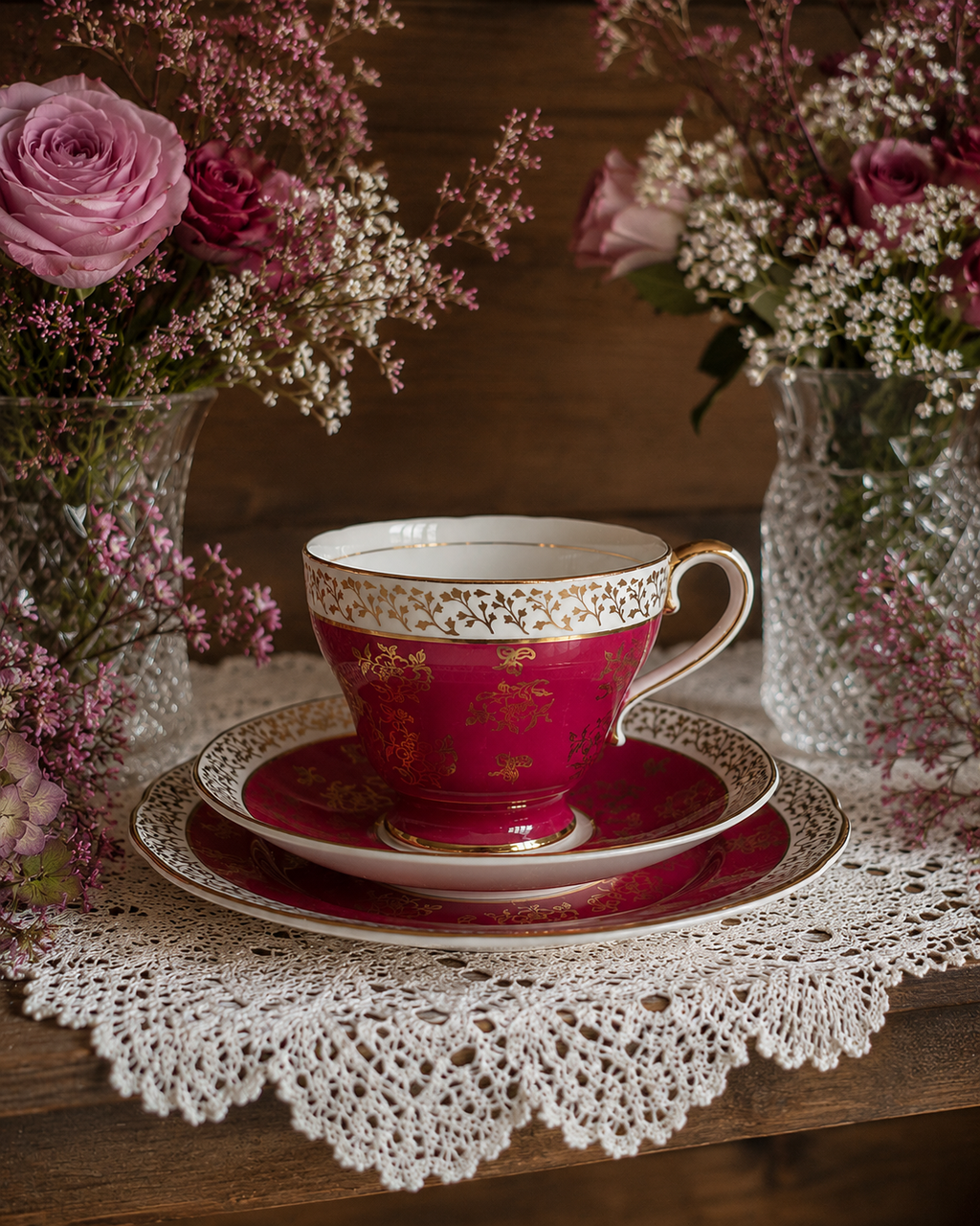 Vintage Salisbury Bone China Dark Pink & Gold Trio – Teacup, Saucer & Side Plate