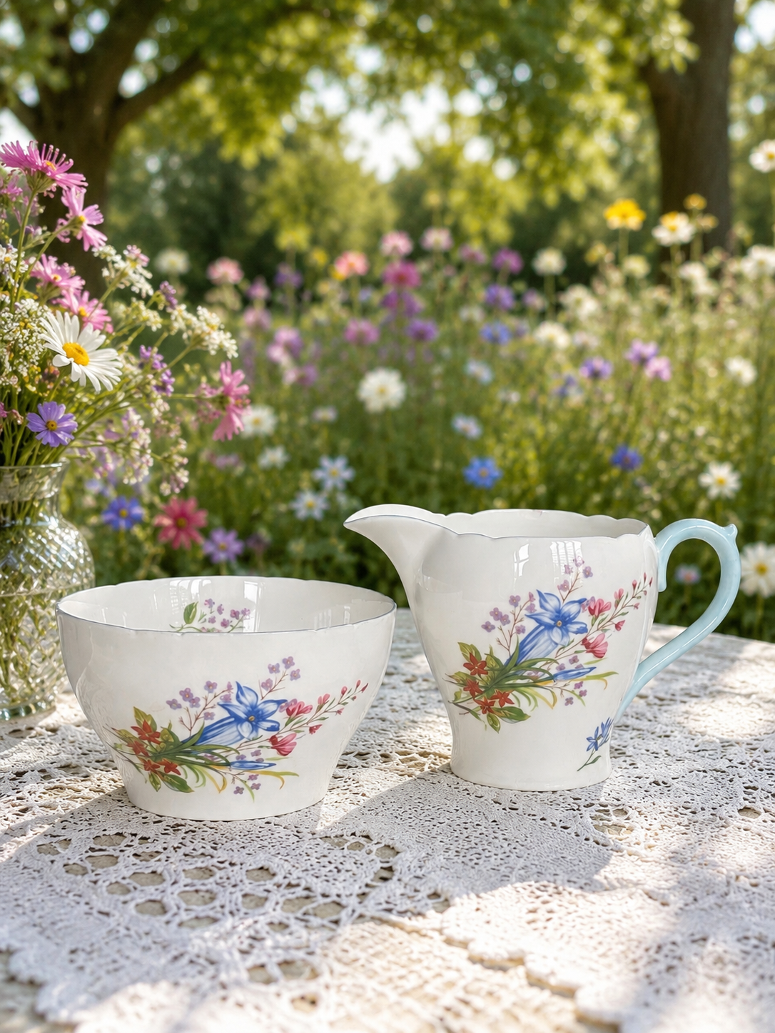 Shelley “Wildflowers” Baluster-Shaped Milk Jug & Sugar Bowl