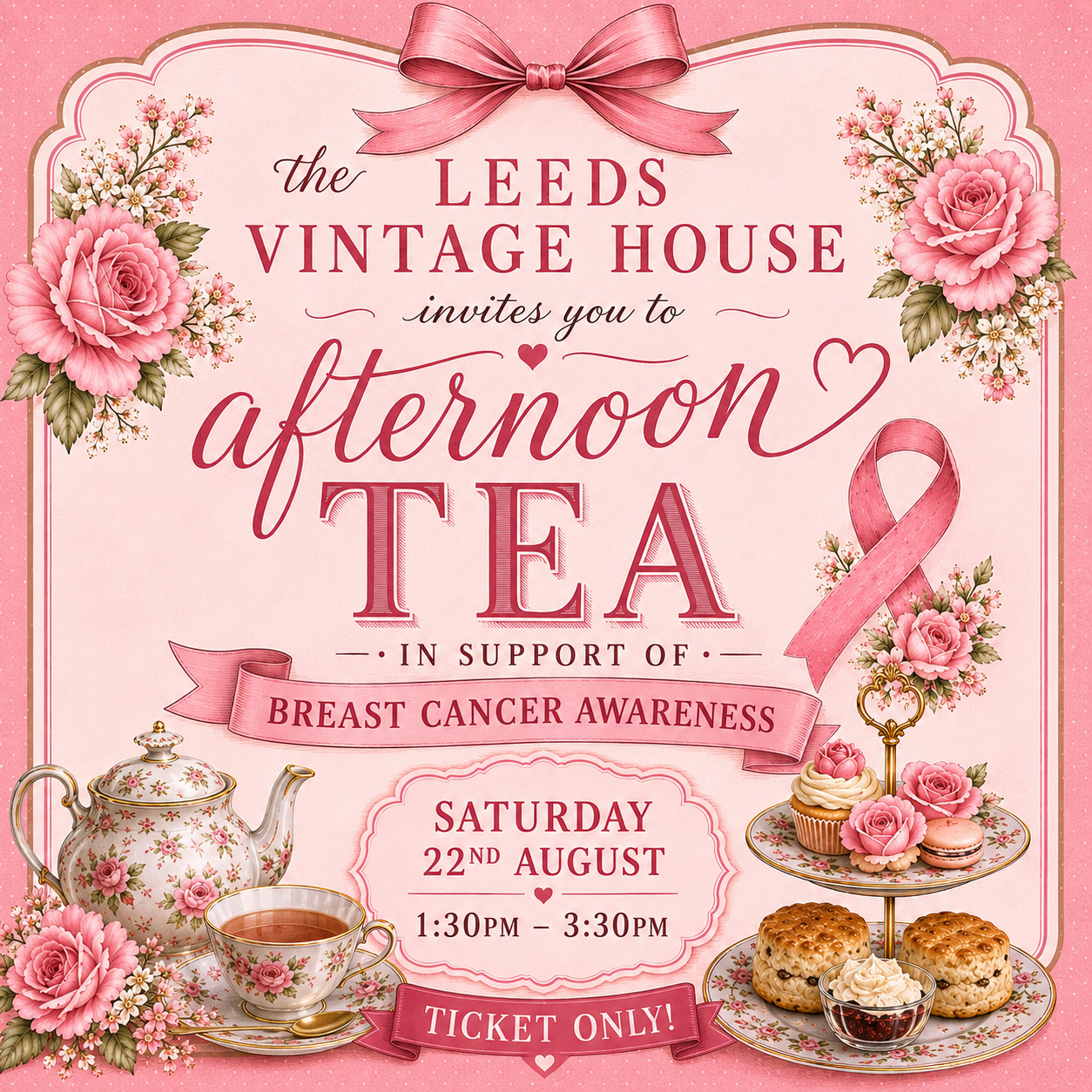 Breast Cancer Awareness Afternoon Tea Ticket - Saturday 22nd August at 1:30pm until 3:30pm (Copy 2)