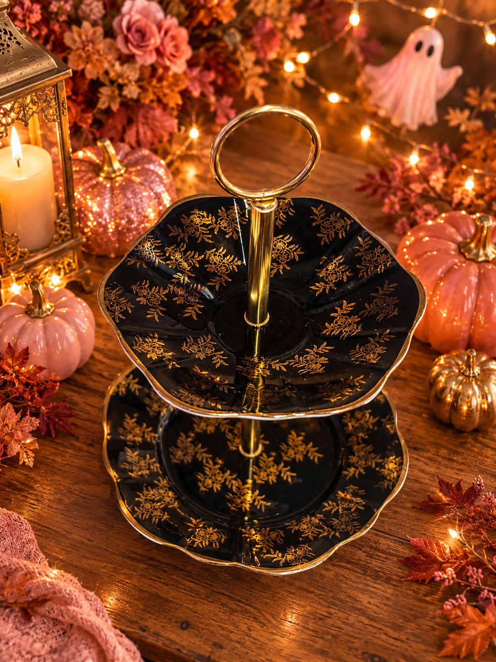 Vintage Black & Gold Floral 2-Tier Cake Stand Set of 5
