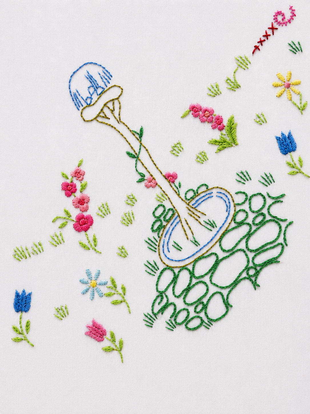 Hand Embroidered Crinoline Lady & Water Fountain Design Table Cloth