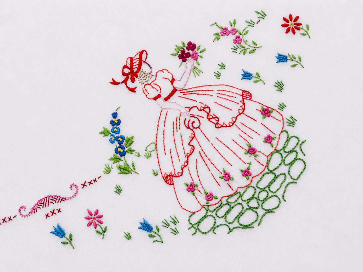 Hand Embroidered Crinoline Lady & Water Fountain Design Table Cloth