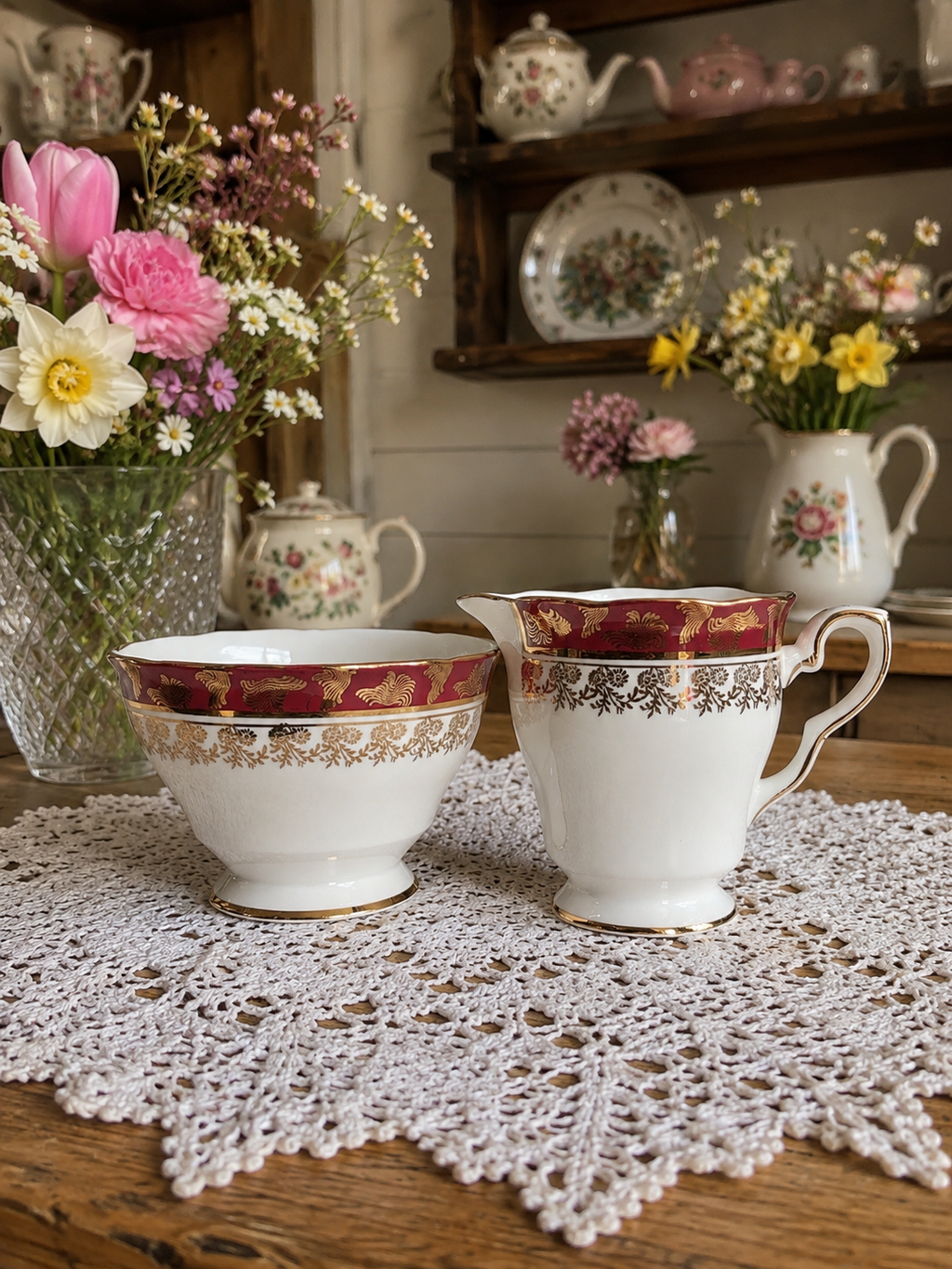 Vintage Royal Stafford Burgundy & Gold Bone China Milk Jug & Sugar Bowl