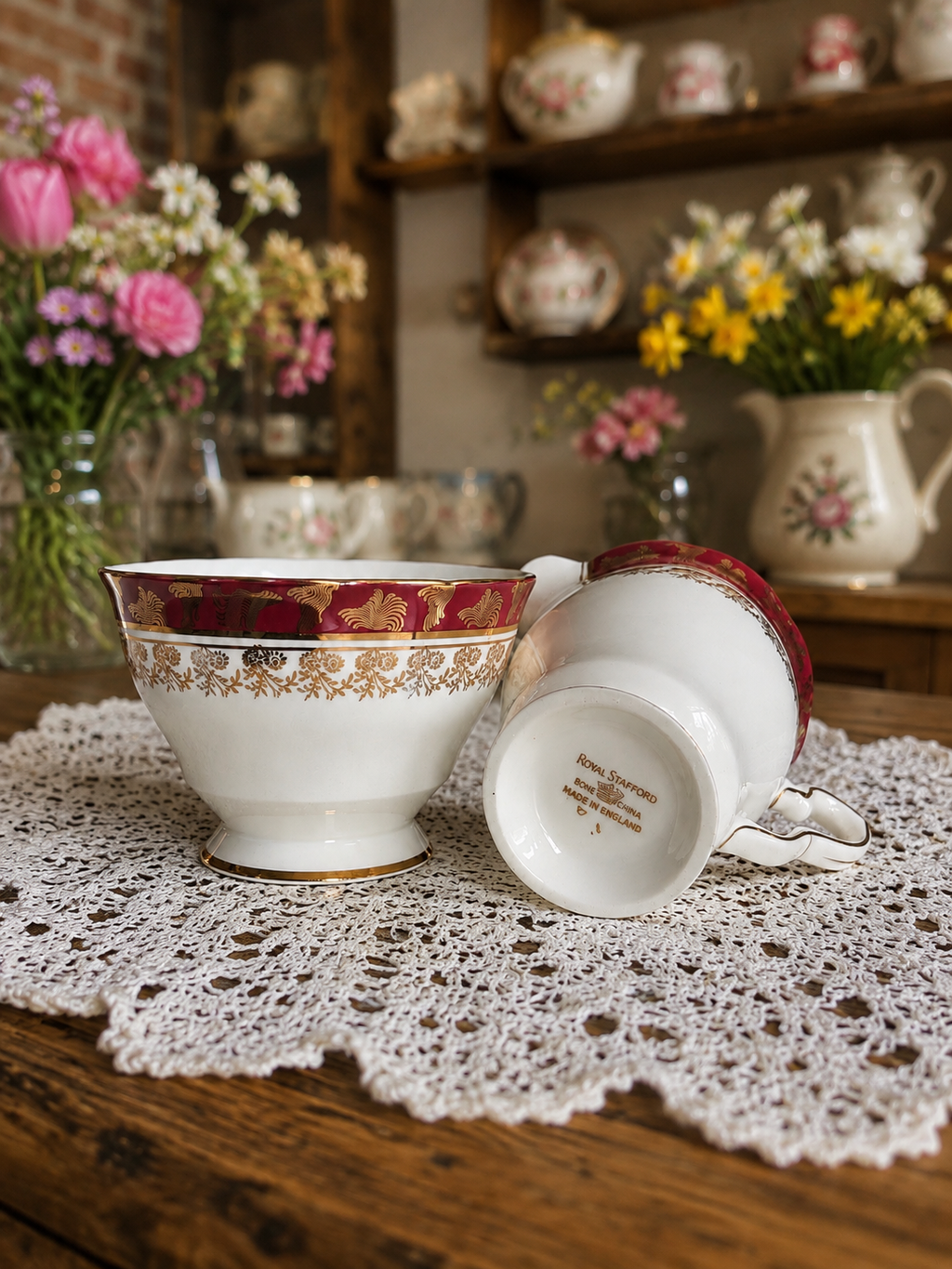 Vintage Royal Stafford Burgundy & Gold Bone China Milk Jug & Sugar Bowl