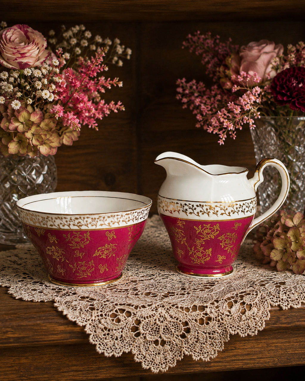 Salisbury Dark Pink & Gold Milk Jug & Sugar Bowl