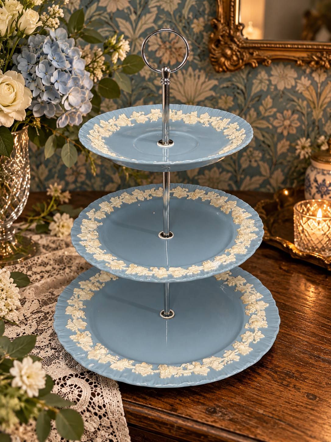Wedgwood Queensware Blue & White Cake Stand Hand Crafted