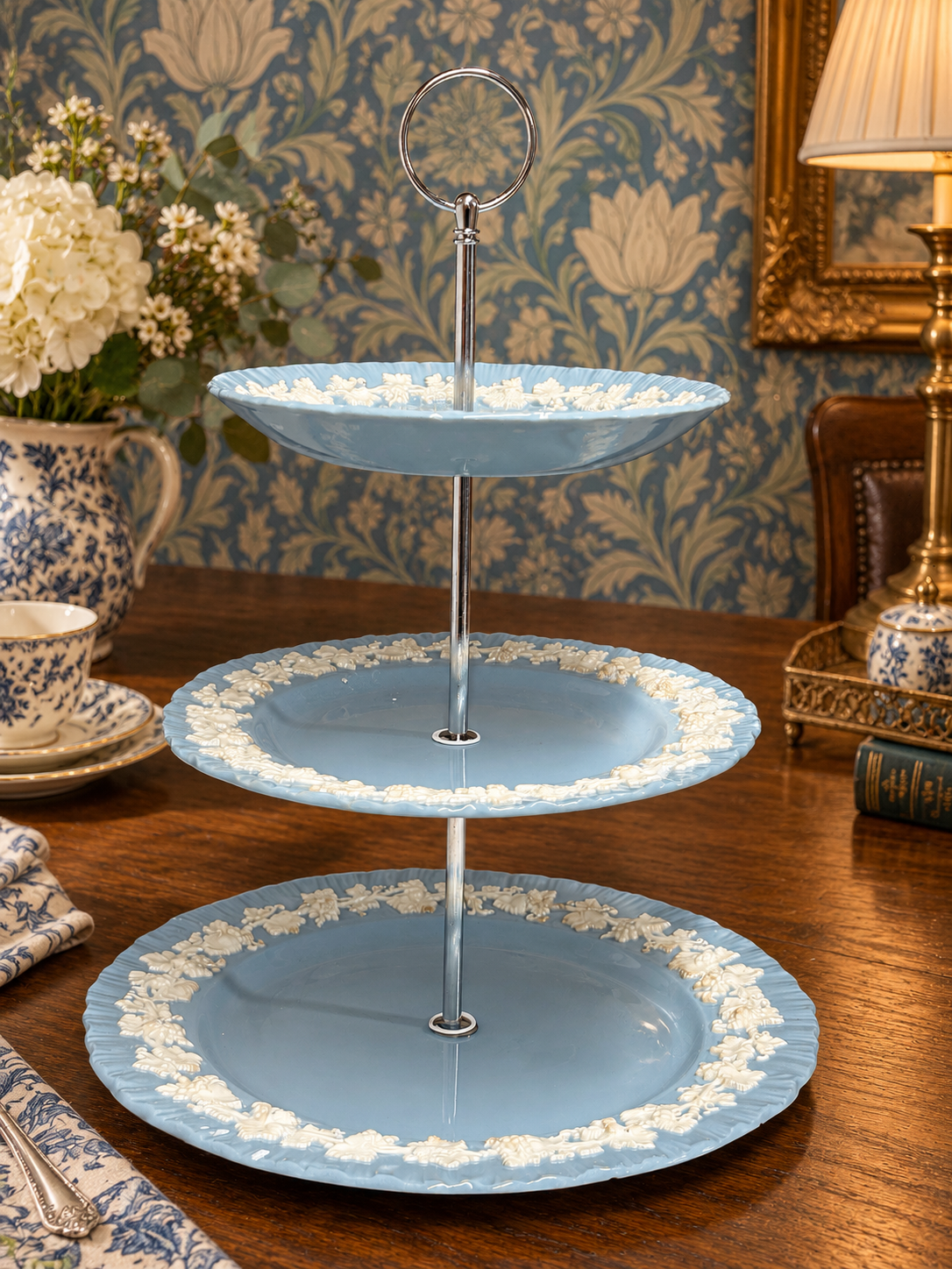Wedgwood Queensware Blue & White Cake Stand Hand Crafted