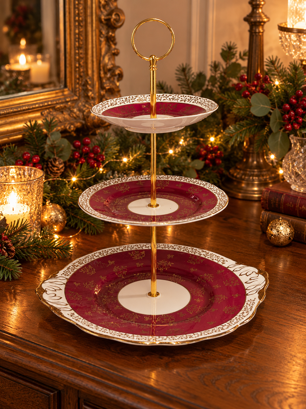 Vintage Burgundy & Gold Floral 3-Tier Cake Stand
