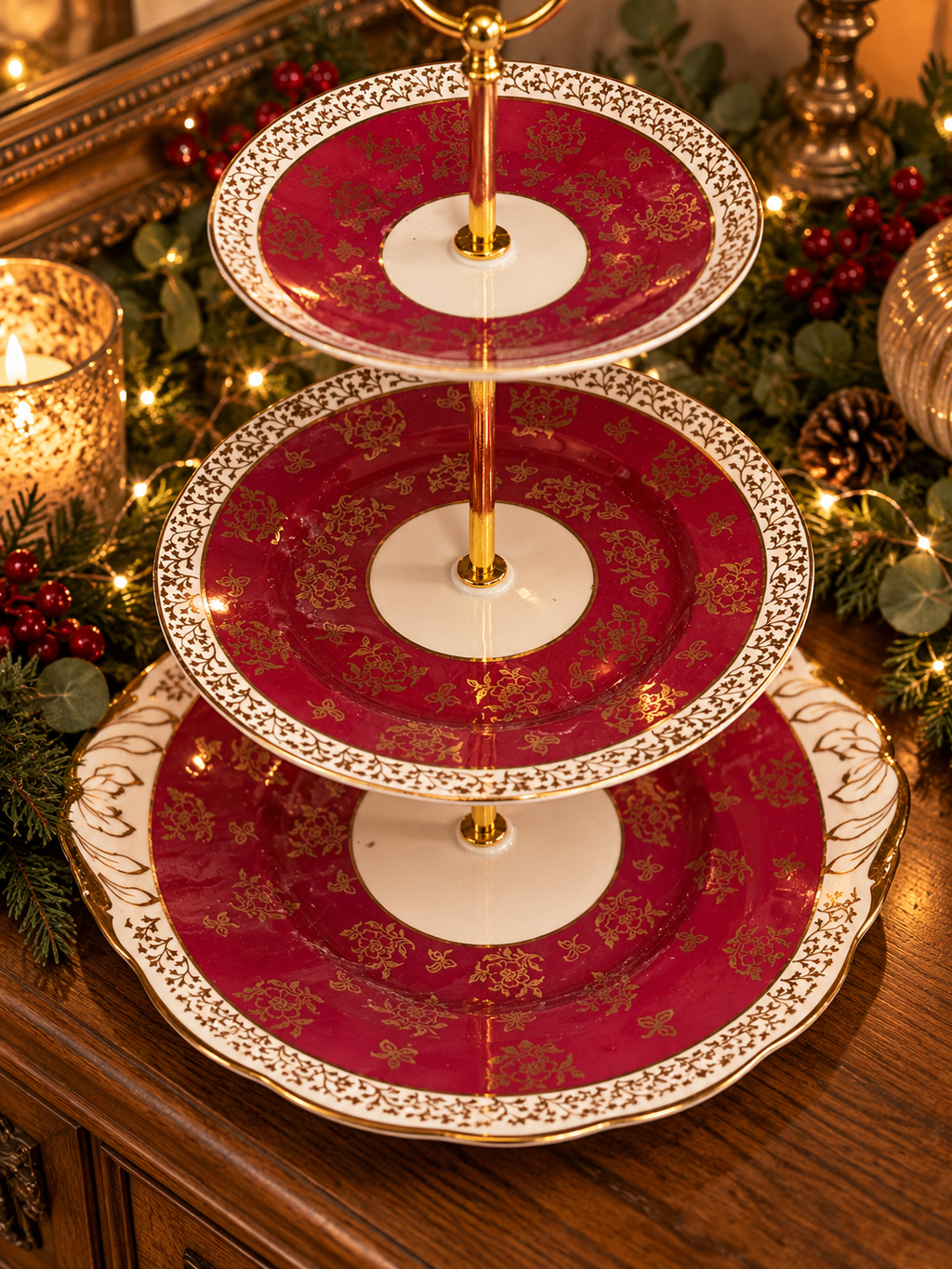 Vintage Burgundy & Gold Floral 3-Tier Cake Stand