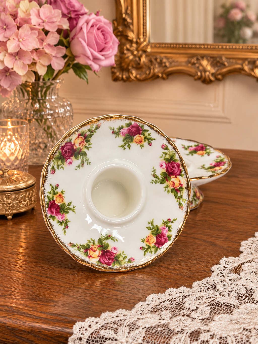 Royal Albert Old Country Roses Round Candlestick Holders