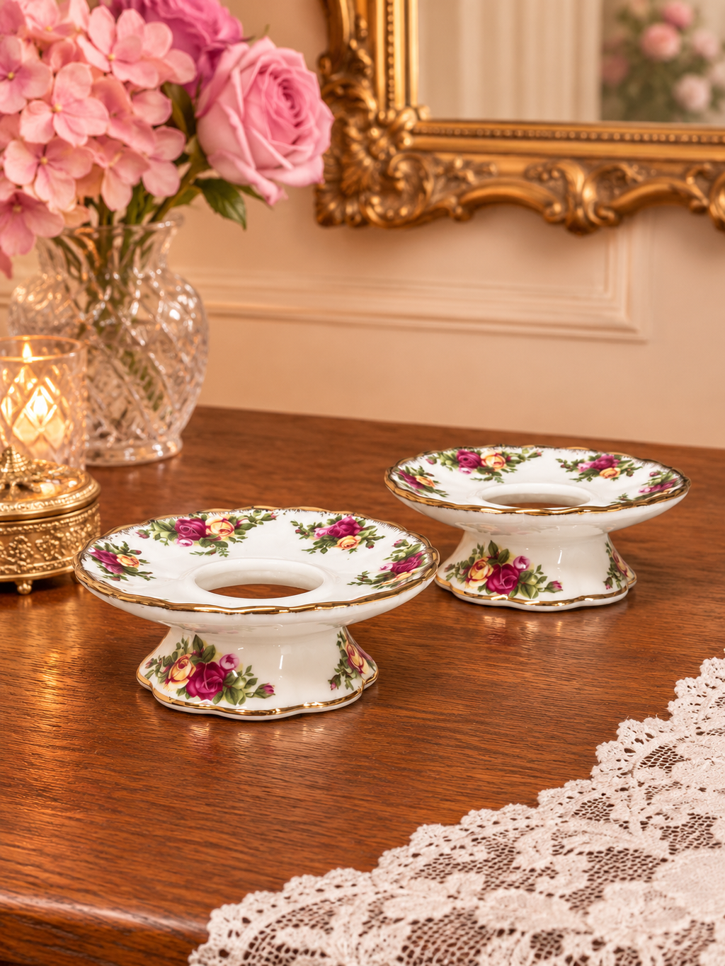 Royal Albert Old Country Roses Round Candlestick Holders