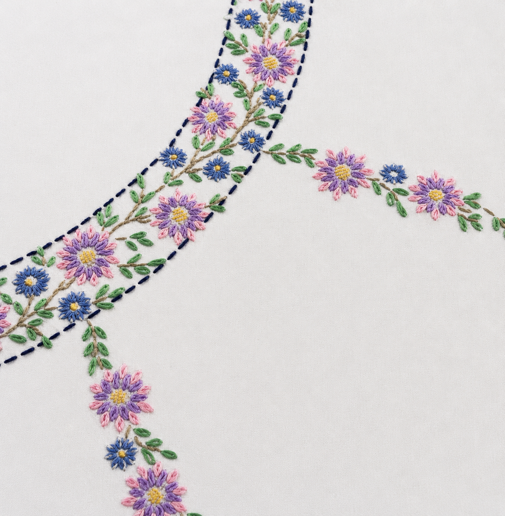 Hand Embroidered Lilac & Pink Flower Tablecloth