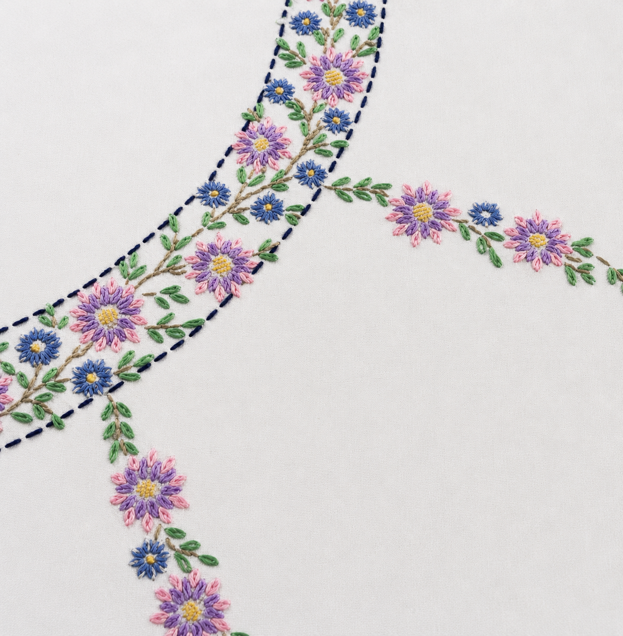 Hand Embroidered Lilac & Pink Flower Tablecloth