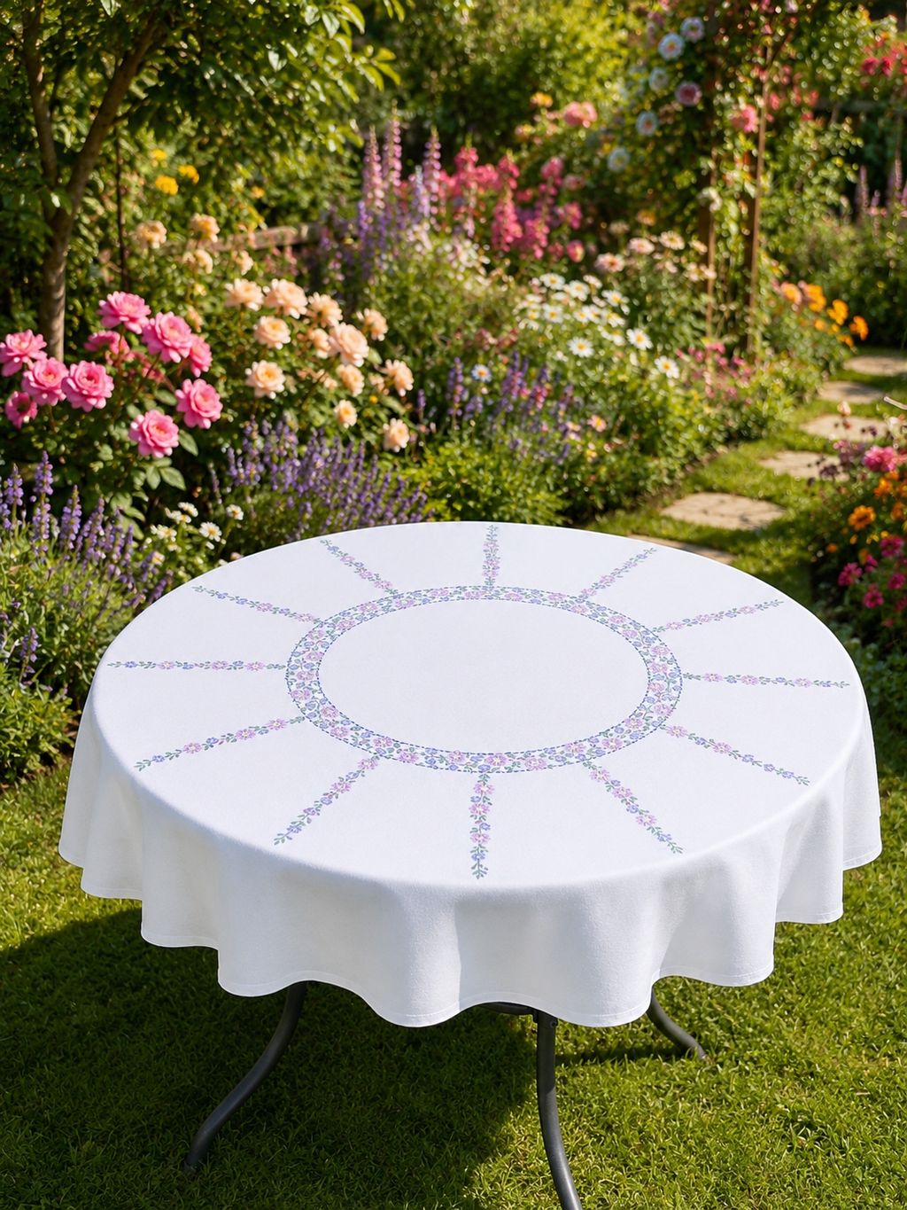 Hand Embroidered Lilac & Pink Flower Tablecloth