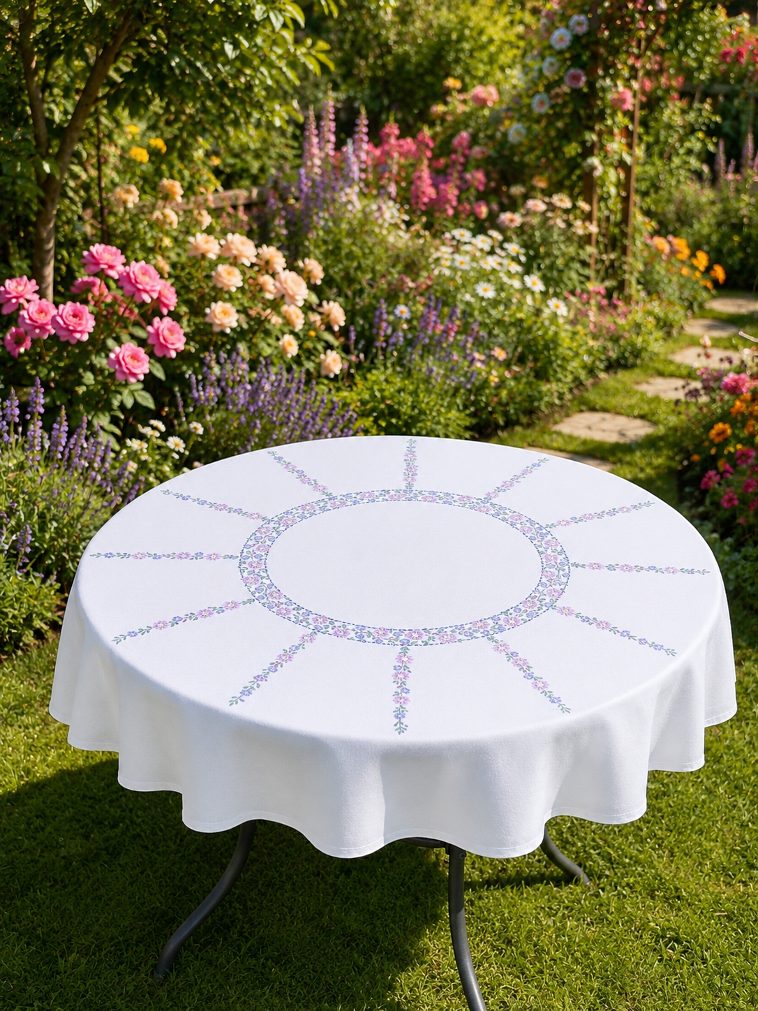Hand Embroidered Lilac & Pink Flower Tablecloth