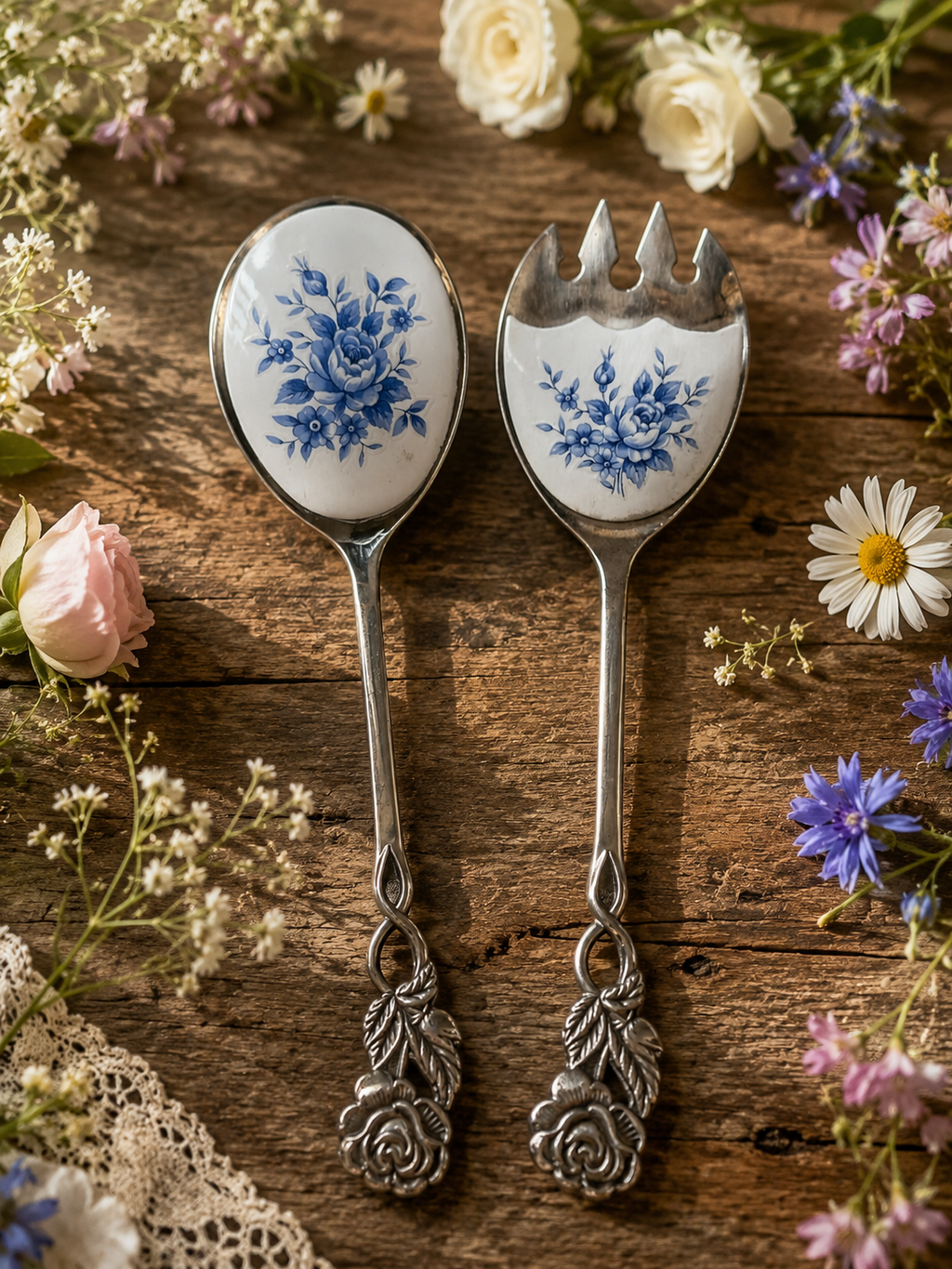 Blue & White Patterned Salad Servers