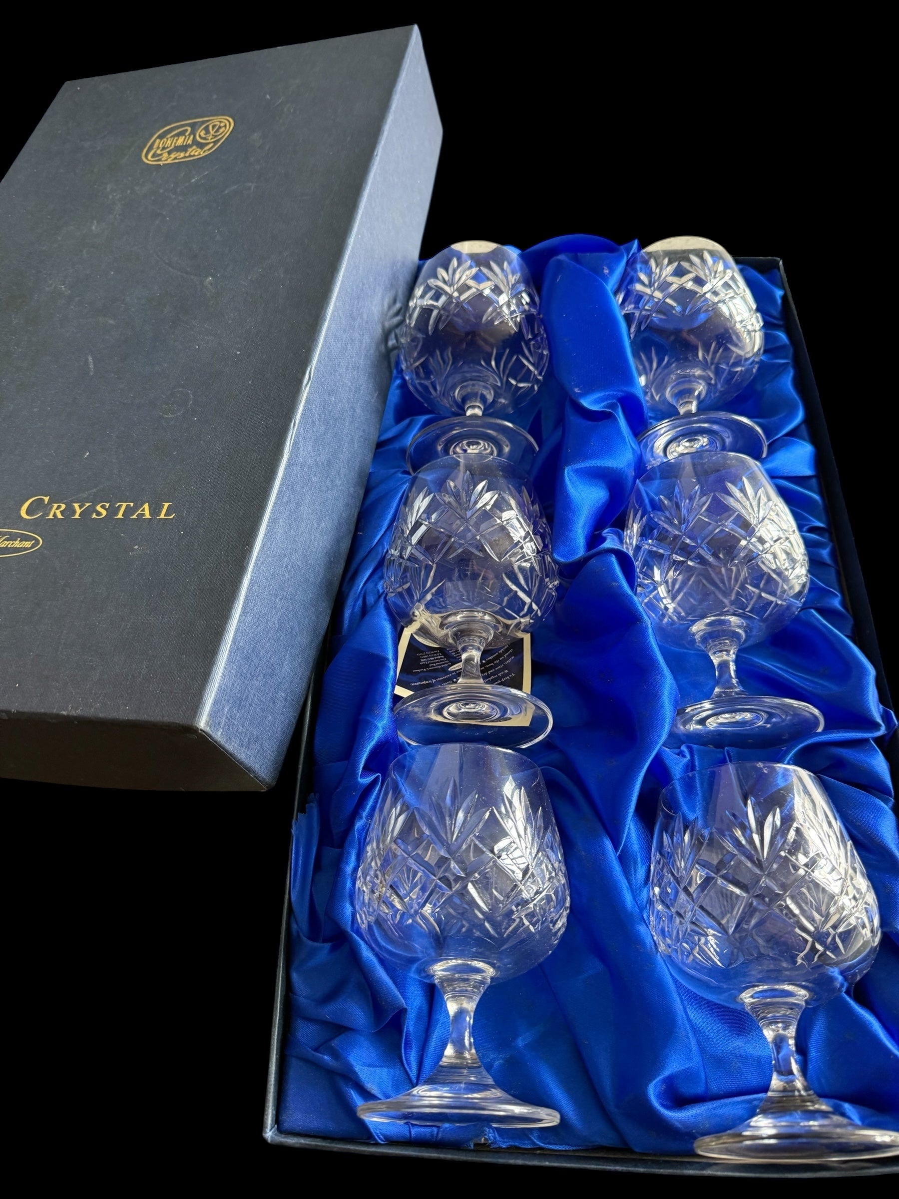 BOHEMIA. Set 6 Vintage Brandy Balloon Crystal Glasses.  image 0