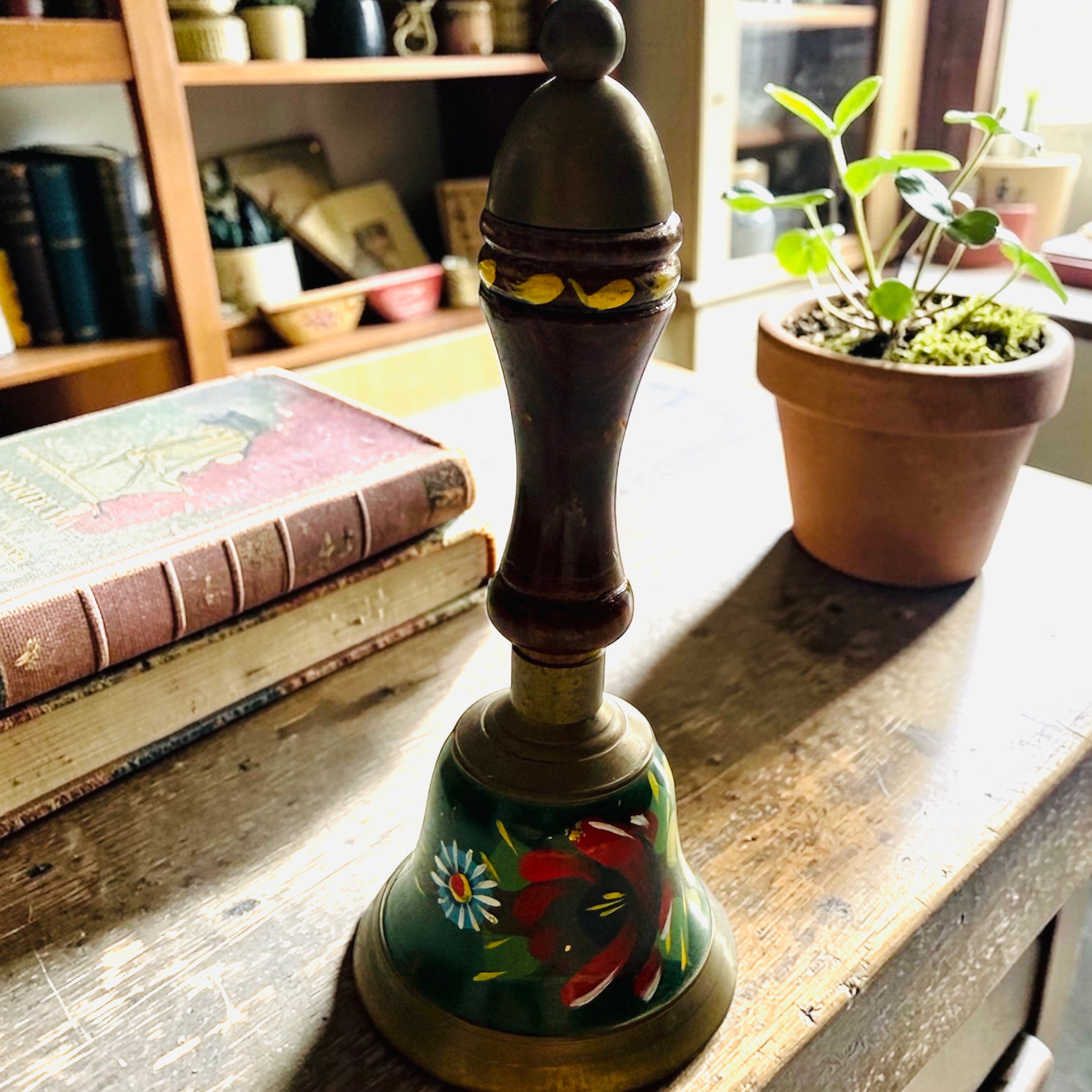 Vintage hand painted wood & brass bell. image 0