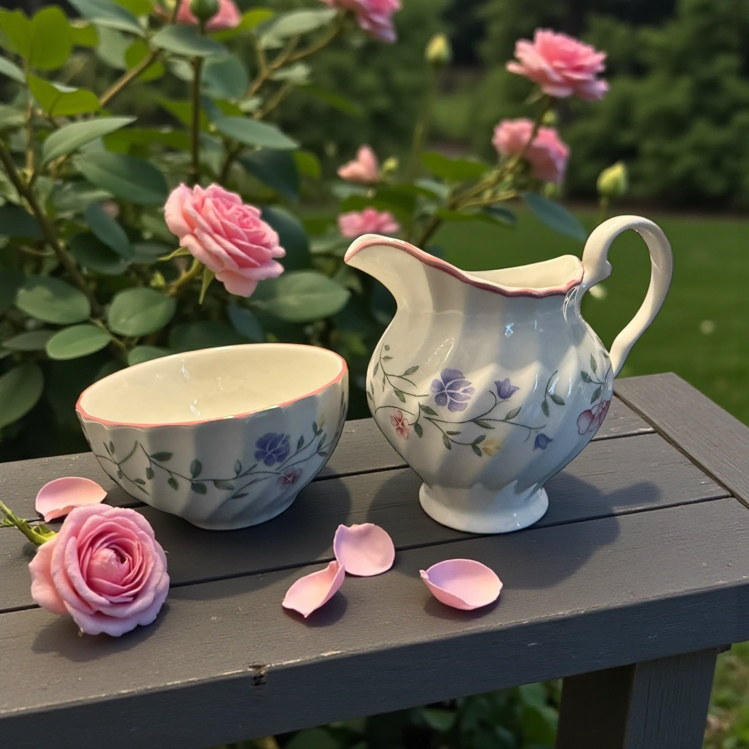Summer Chintz. Vintage china milk jug & sugar bowl image 0