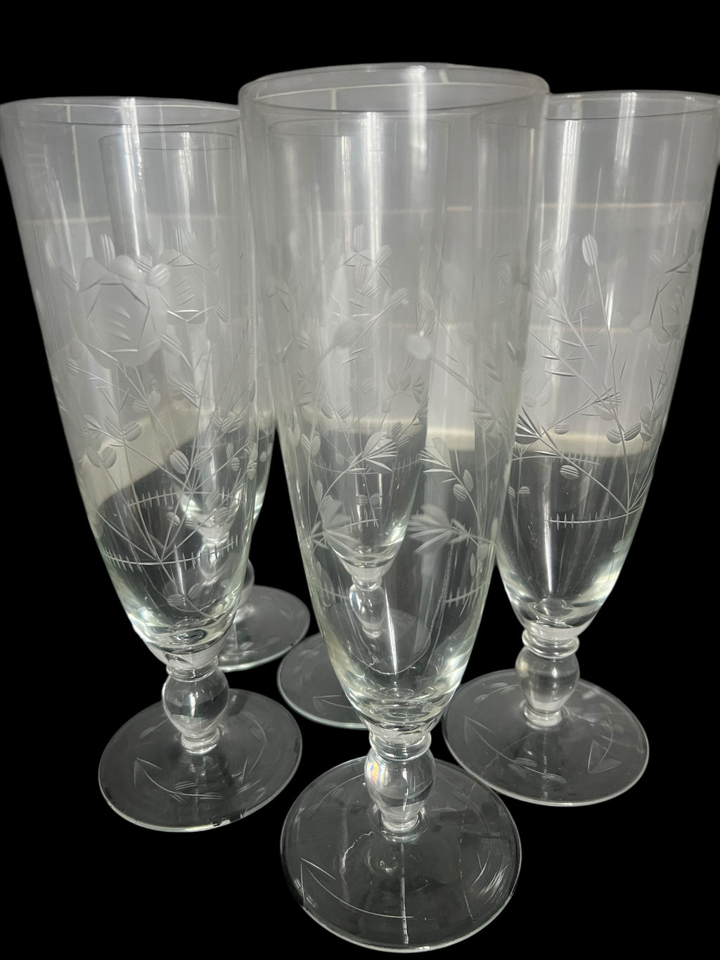 Set 5 tall engraved glasses.  image 9