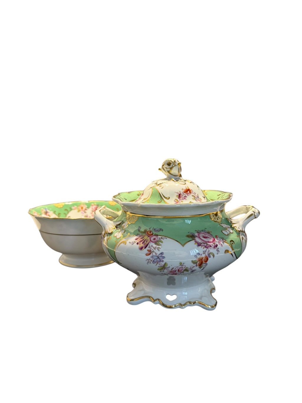 Antique Rockingham. GREEN. Lidded Sucriere & Bowl image 6